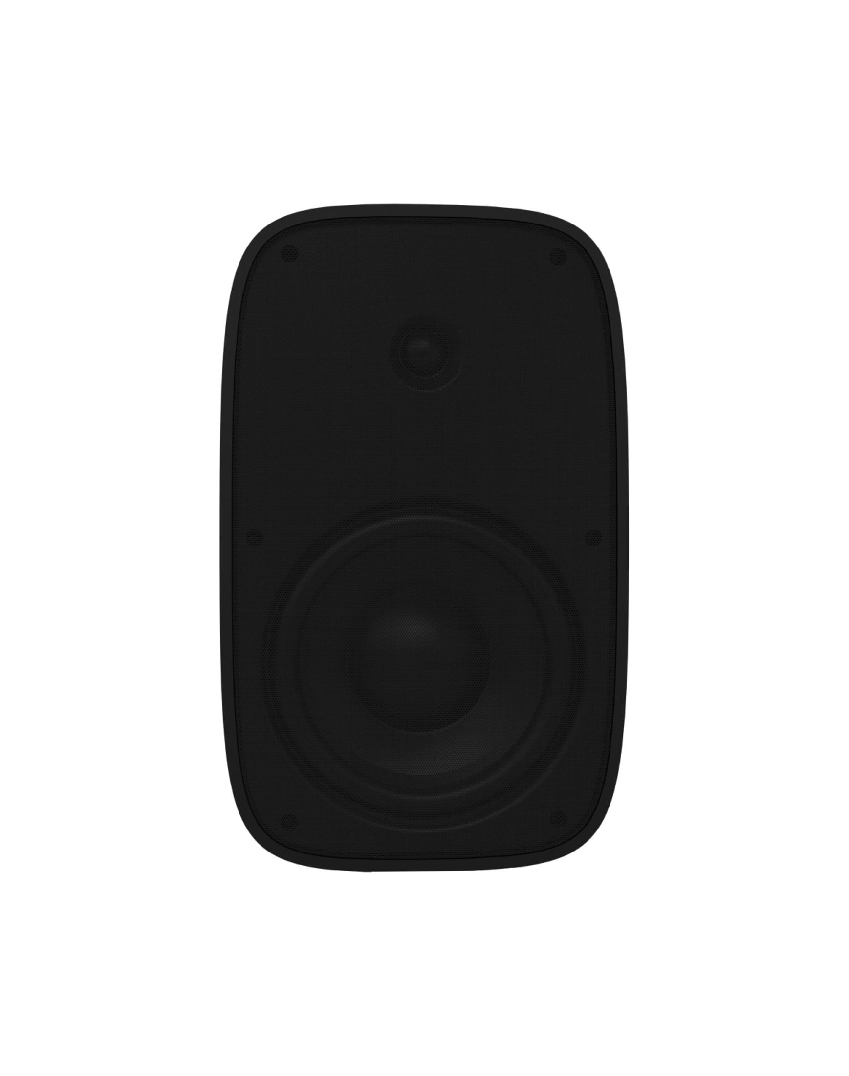 Altavoz negro con un woofer redondo y un tweeter más pequeño.