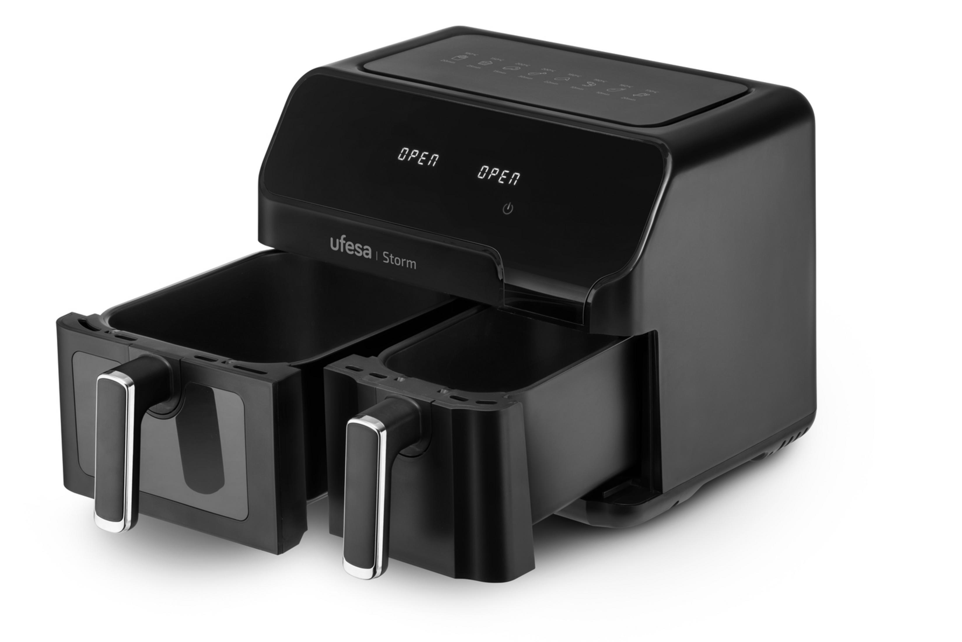Friggitrice ad aria nera a doppio cassetto con display digitale.