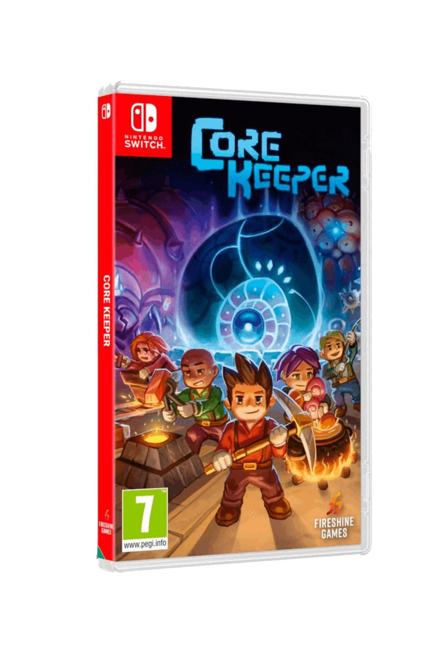 Copertina gioco Nintendo Switch: Core Keeper. Mostra personaggi davanti a uno sfondo blu a spirale.