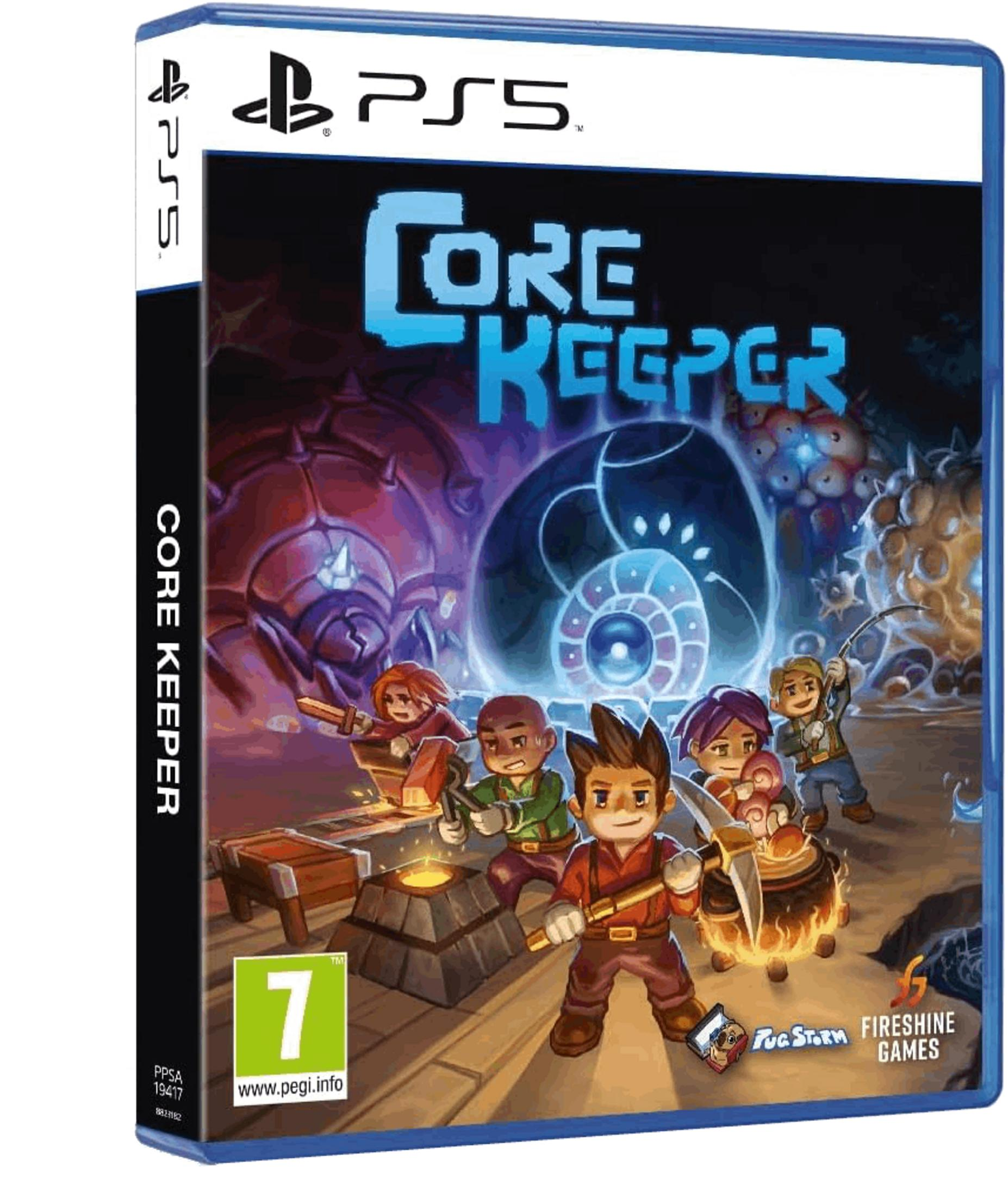 Juego PS5 "Core Keeper" con personajes de dibujos animados con herramientas.