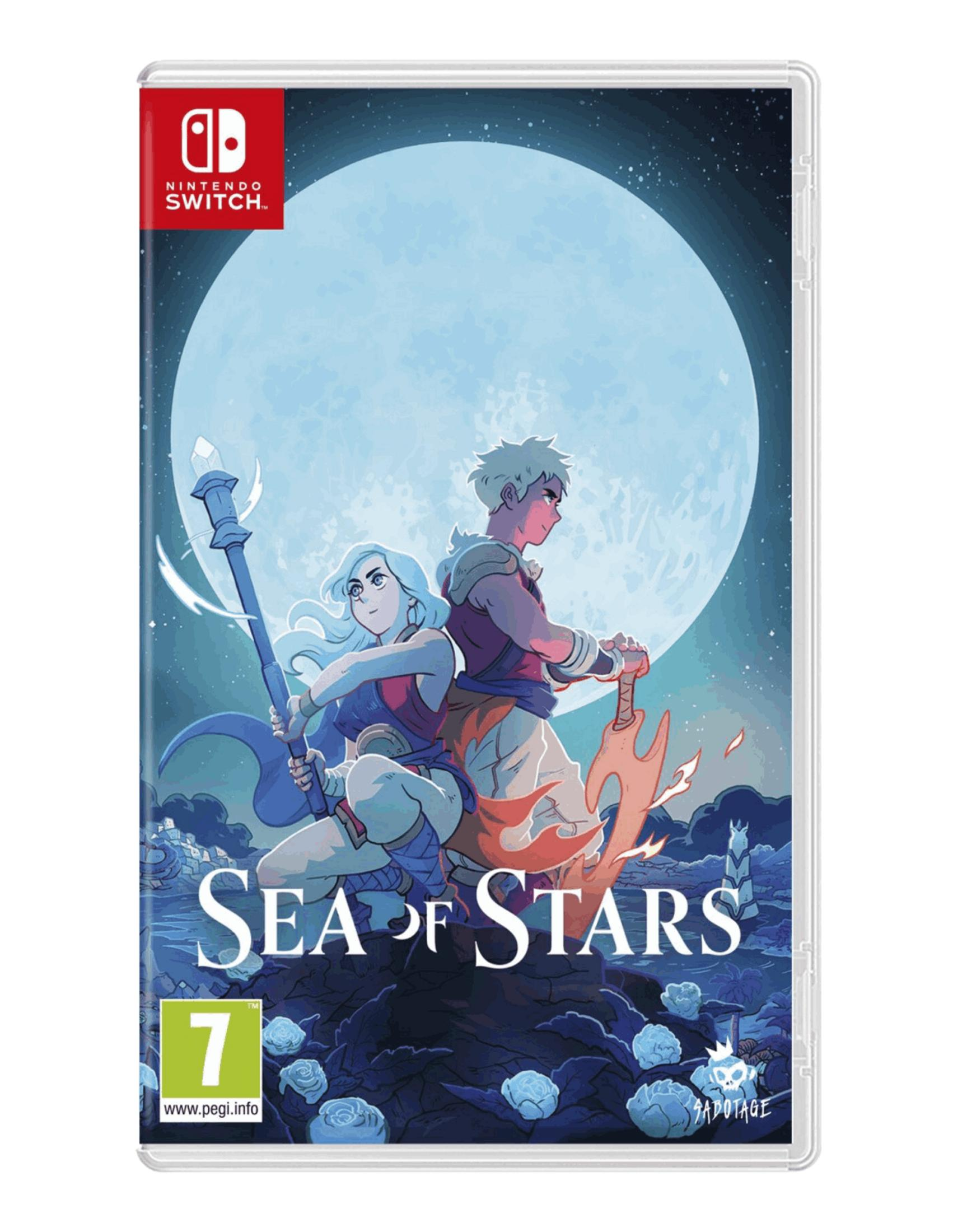Okładka gry Sea of Stars na Nintendo Switch z dwiema postaciami i księżycem.