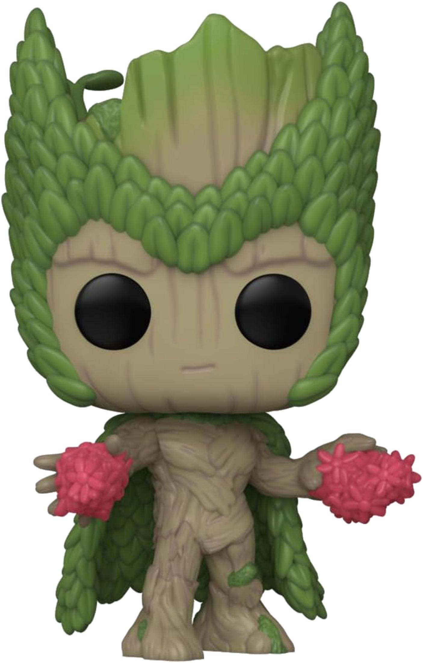 Una figura con cuerpo de corteza, corona de hojas y flores rosas.