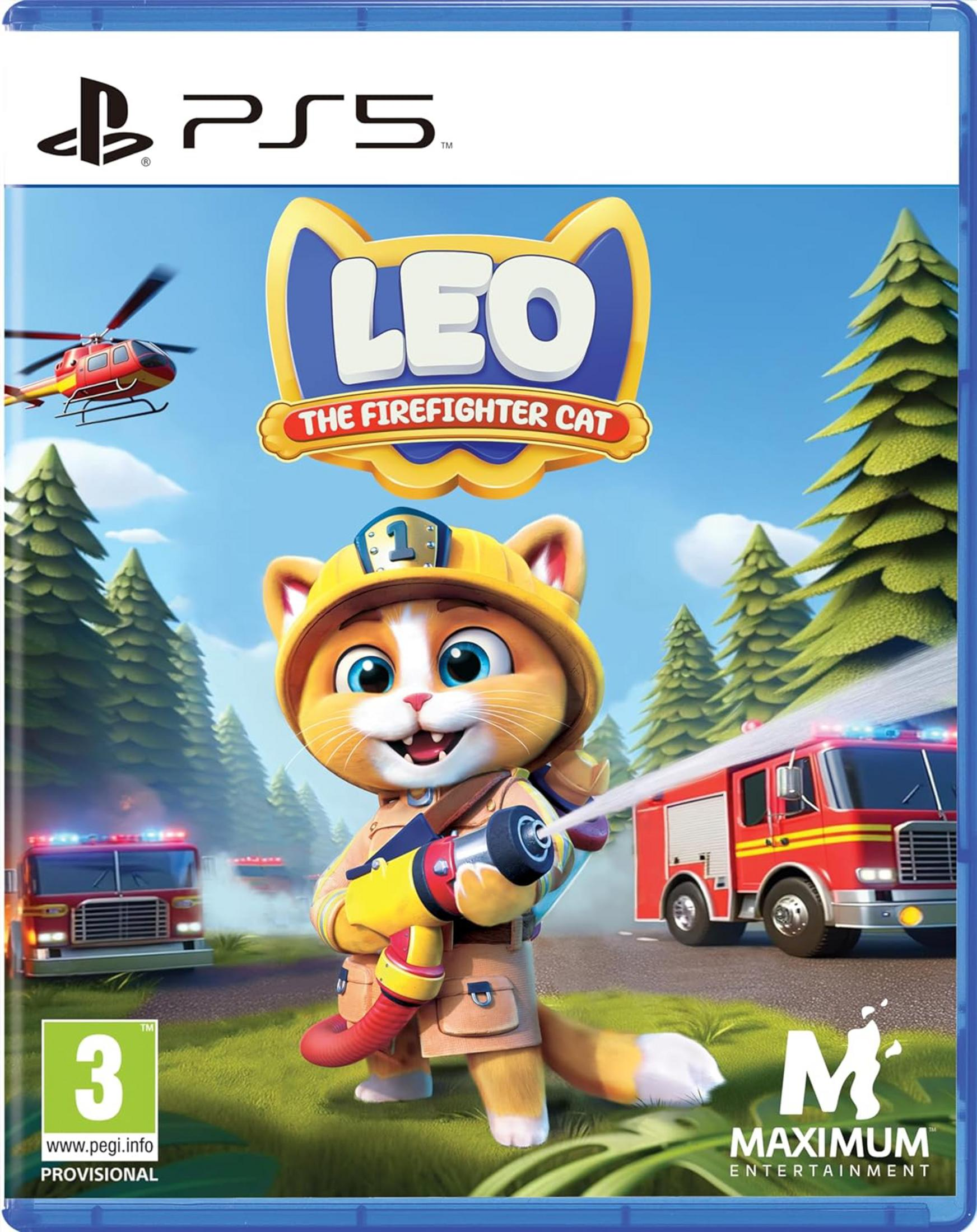 Un gato bombero lanza agua con una manguera. Portada de juego PS5.