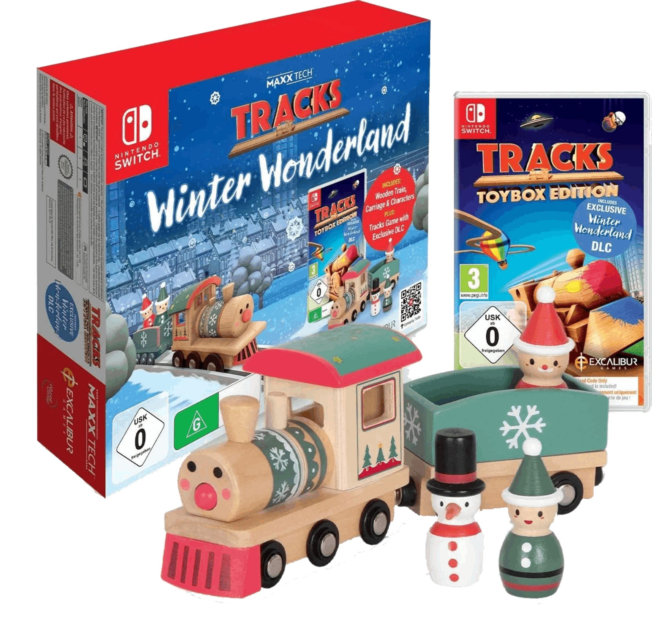 Un gioco Nintendo Switch con trenino di legno, pupazzo di neve ed elfo.