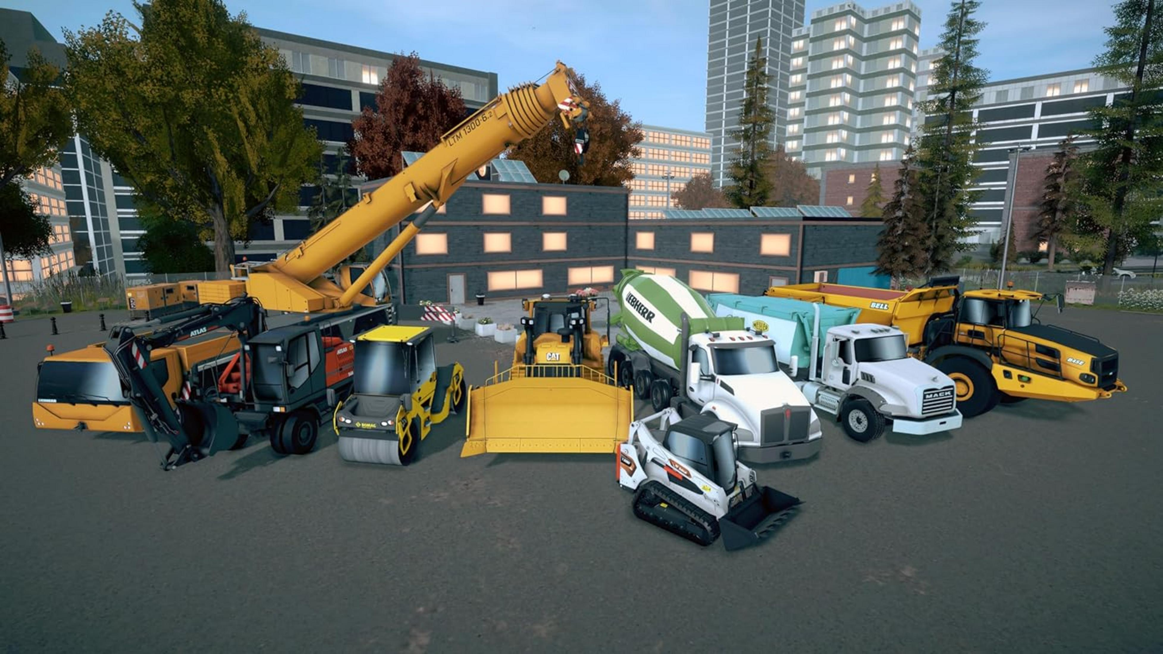 Gru da cantiere, escavatore, rullo, betoniera, camion e dumper su asfalto.
