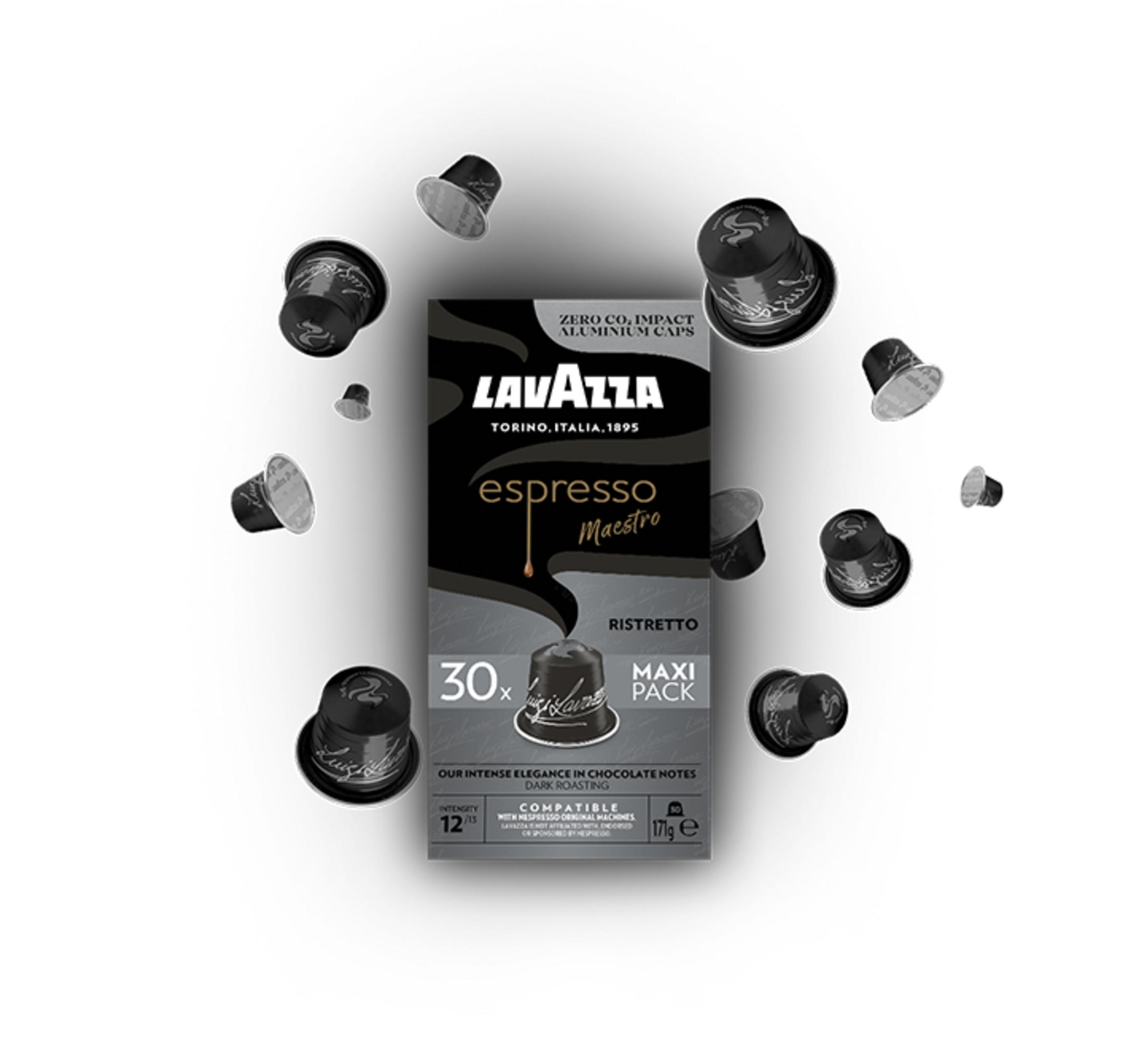 Capsule Lavazza Espresso Maestro, maxi pack, 30 pezzi, tostatura scura, note di cioccolato.