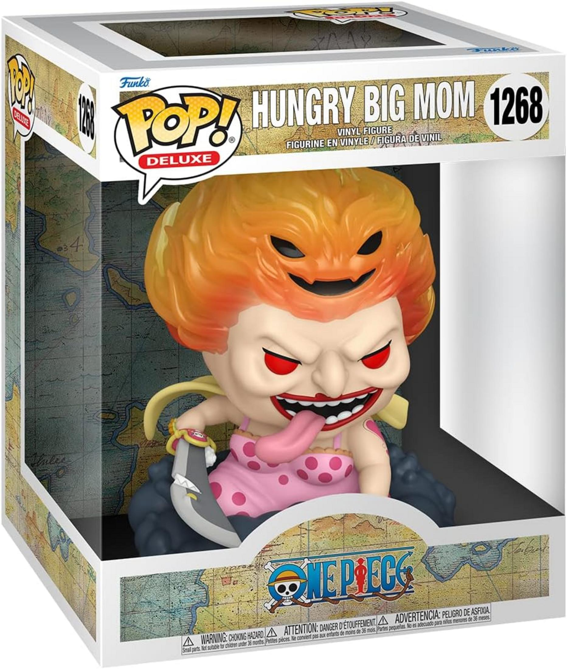 Statua Funko Pop Deluxe in vinile di Big Mom con testa di zucca, vestito rosa e coltello.