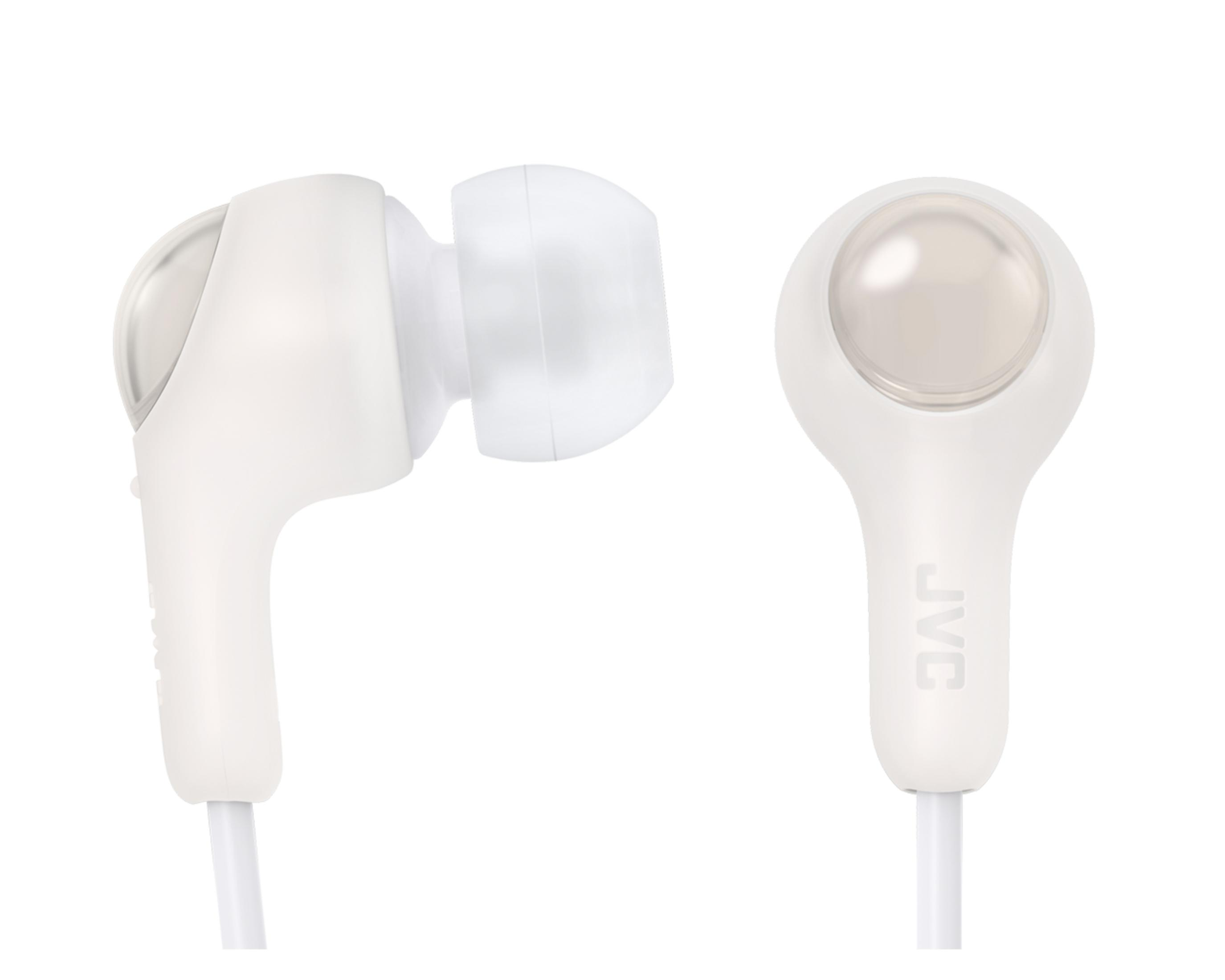 Two white JVC earphones with clear accents on a white background.