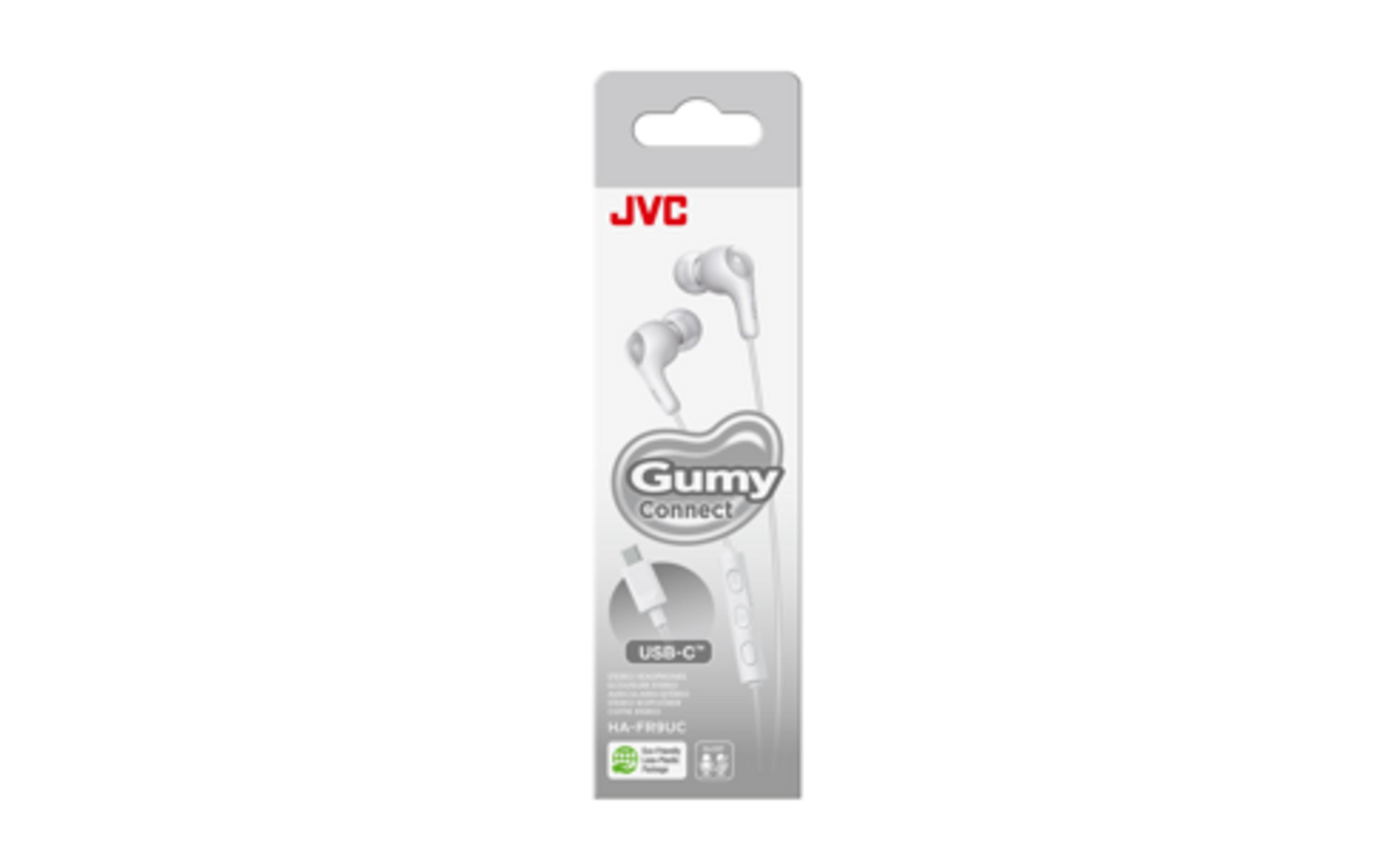 White JVC Gummy Connect USB-C earphones in packaging with JVC logo.