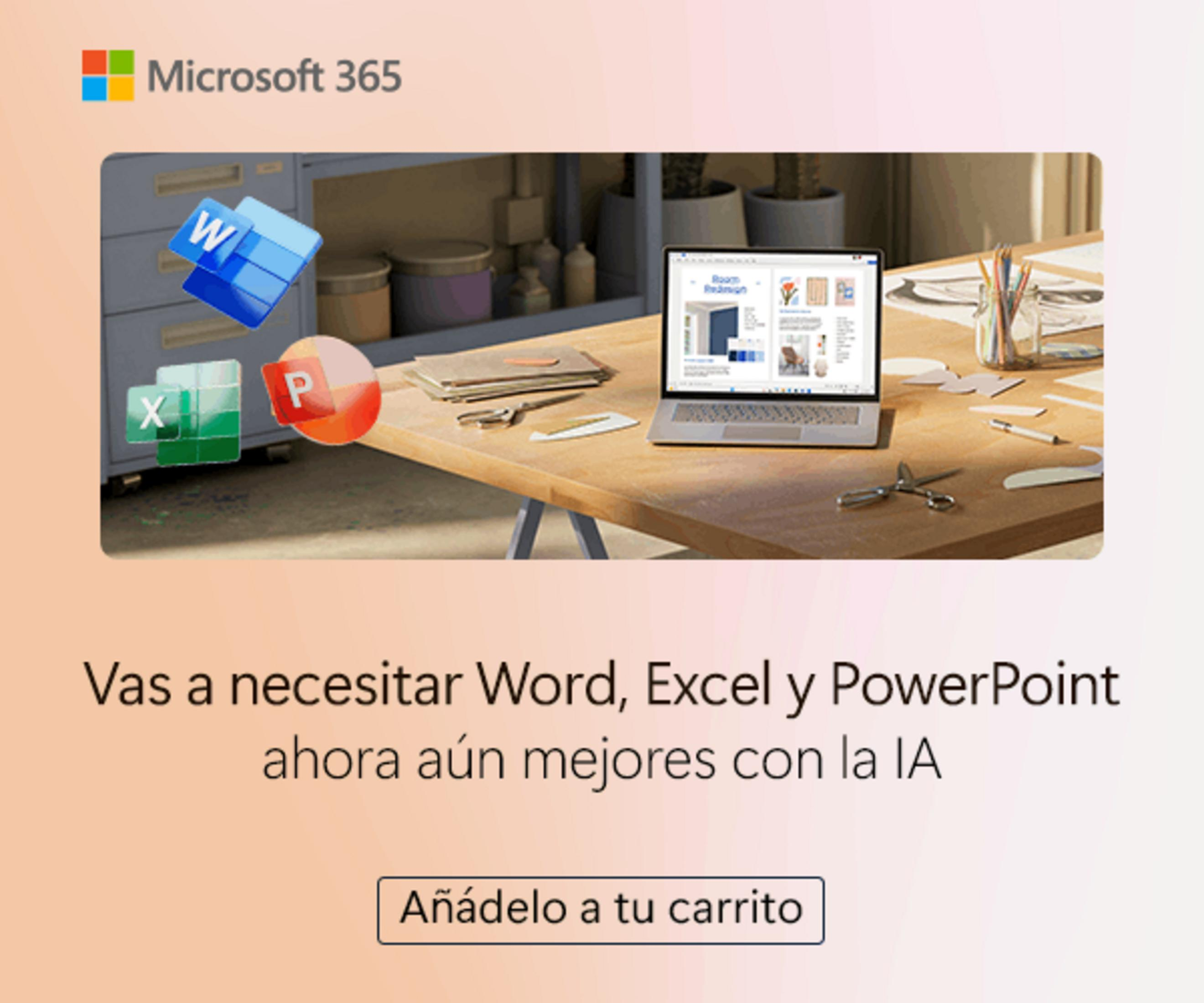 Iconos de Microsoft 365, laptop y material de oficina en escritorio.
