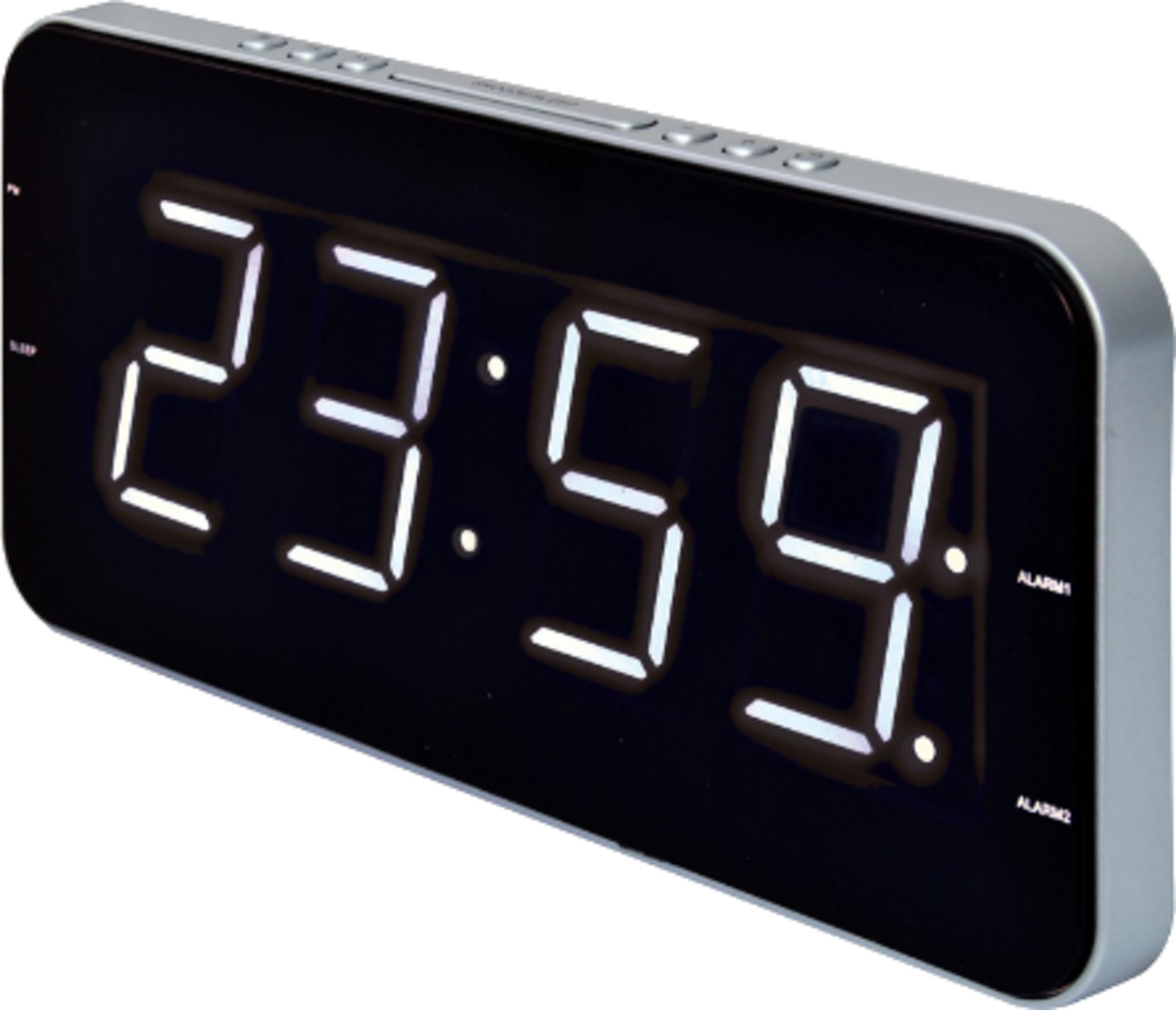Reloj digital muestra 23:59 con dígitos blancos en pantalla negra.