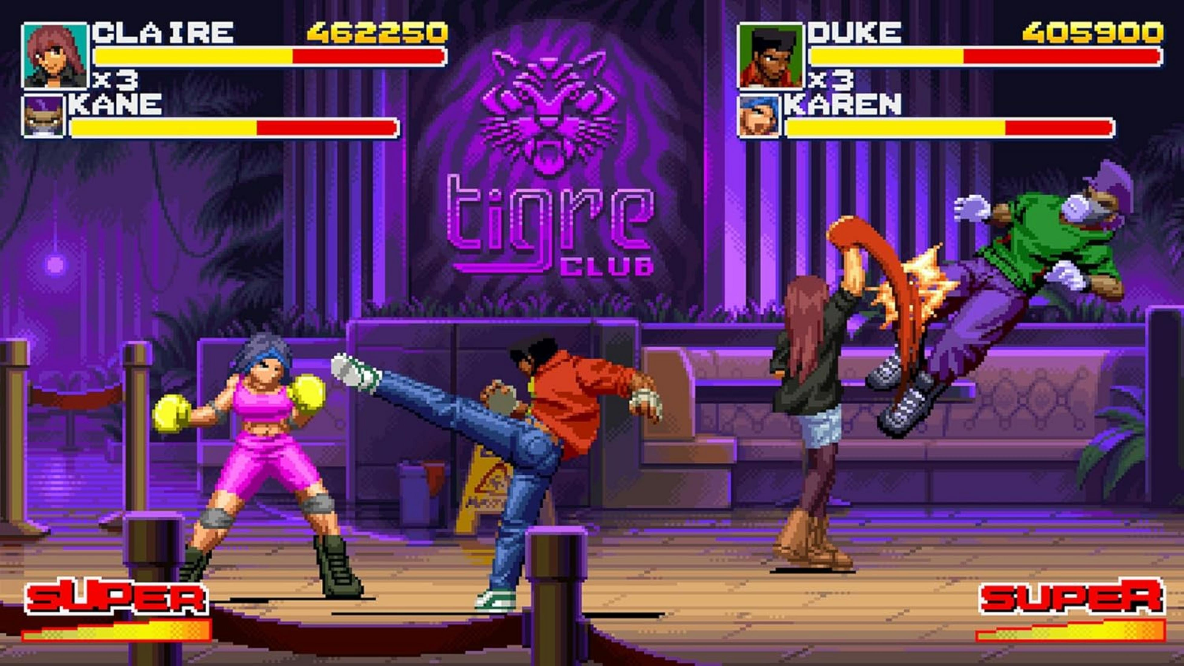 Scena di gioco di combattimento in una discoteca viola. Giocatori che combattono.