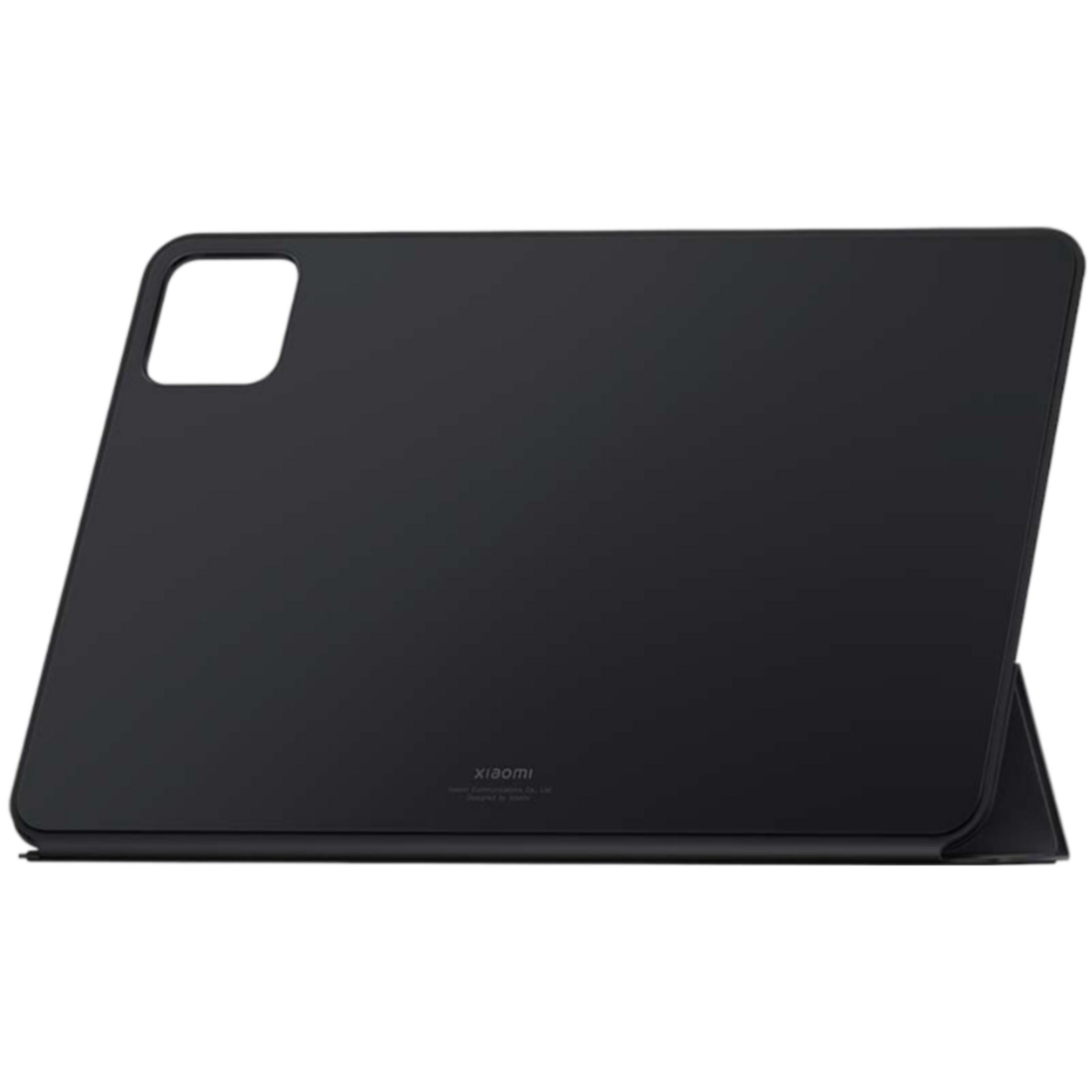 Funda negra para tableta con función de soporte, logo de Xiaomi al reverso.
