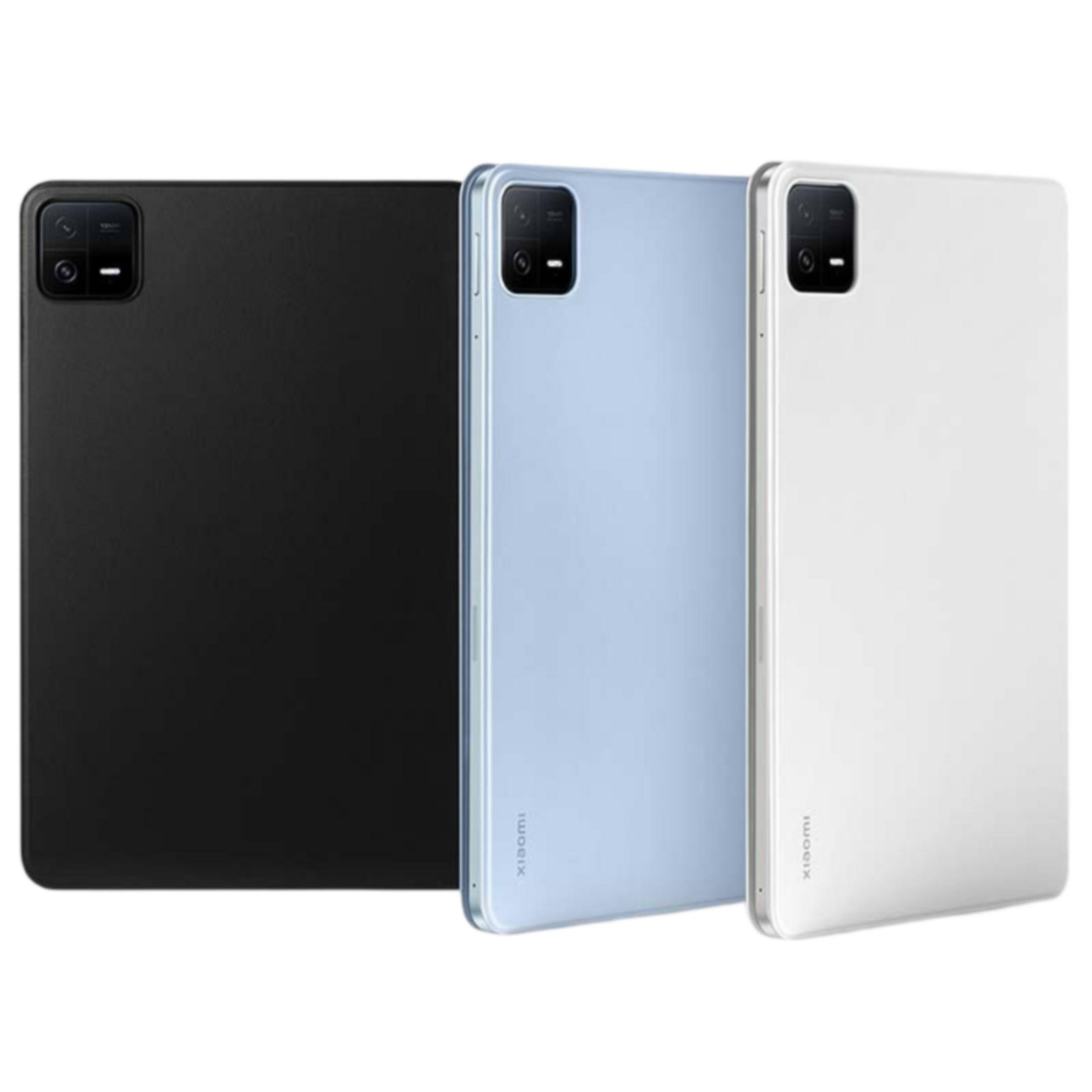 Tres tabletas en negro, azul claro y blanco se muestran una al lado de la otra.