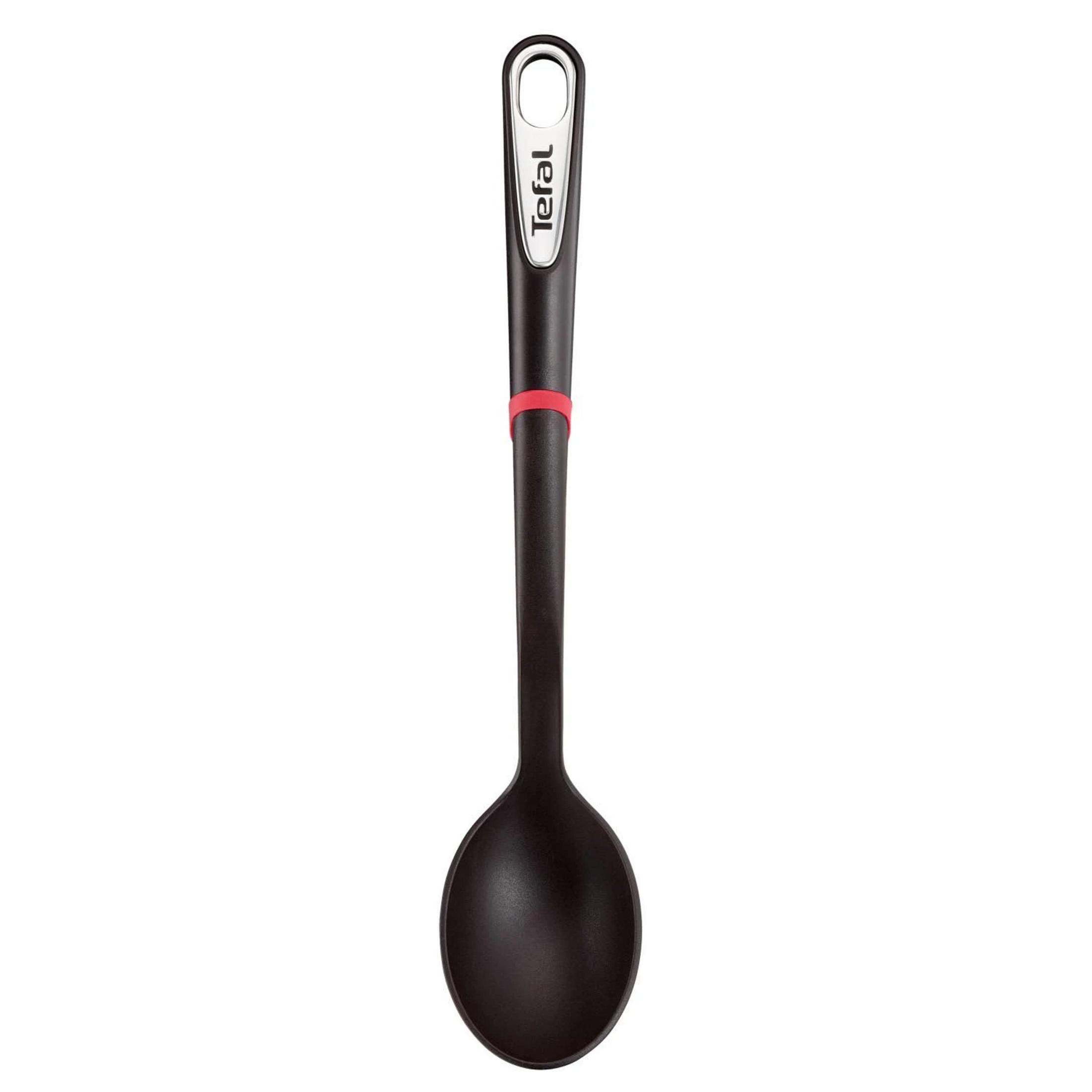 Schwarzer Kochlöffel mit Tefal-Logo und rotem Ring am Griff.
