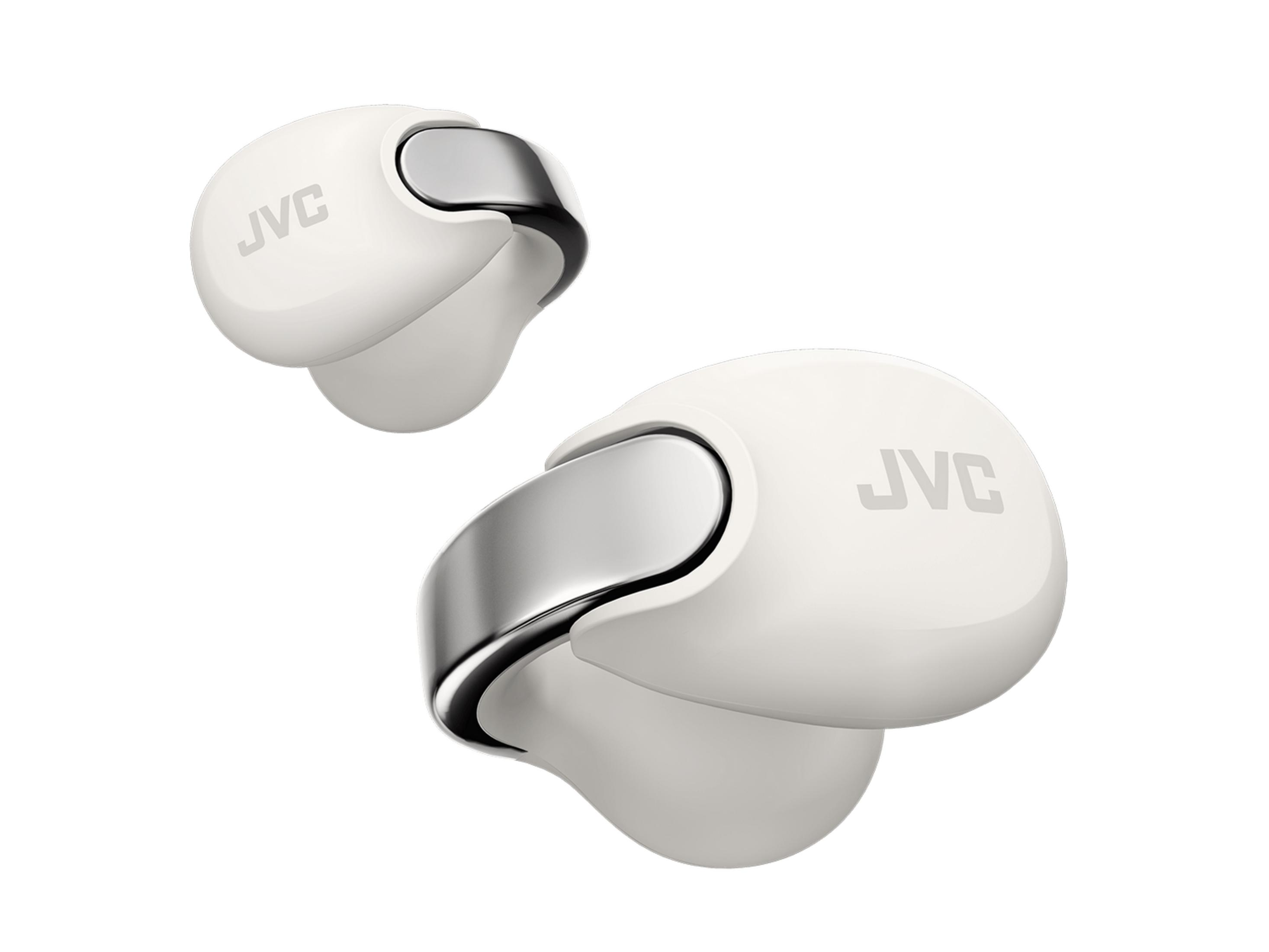 Due auricolari JVC bianchi con accenti argentati su sfondo bianco.