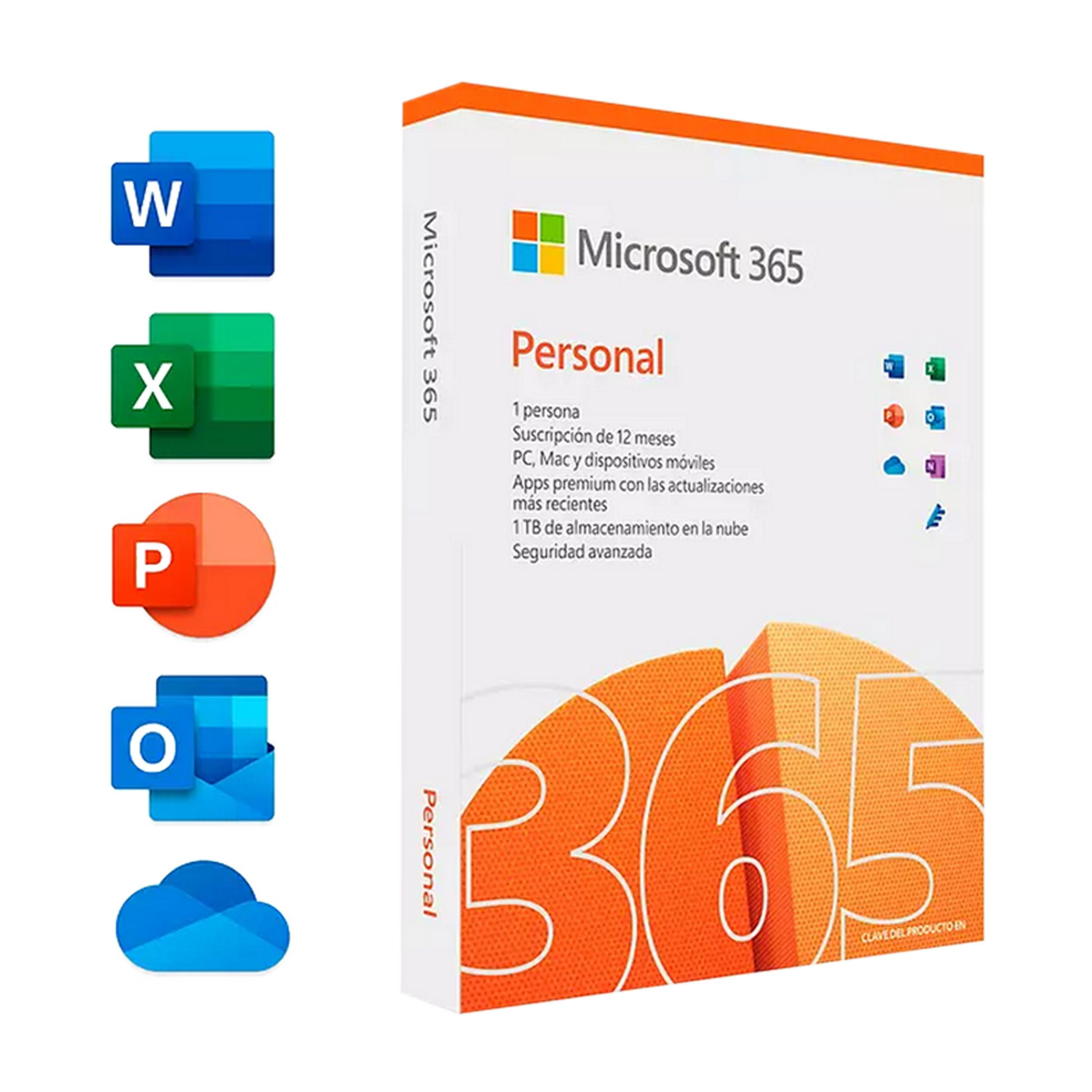 Scatola Microsoft 365 Personal con icone app: Word, Excel, PowerPoint, Outlook, cloud.