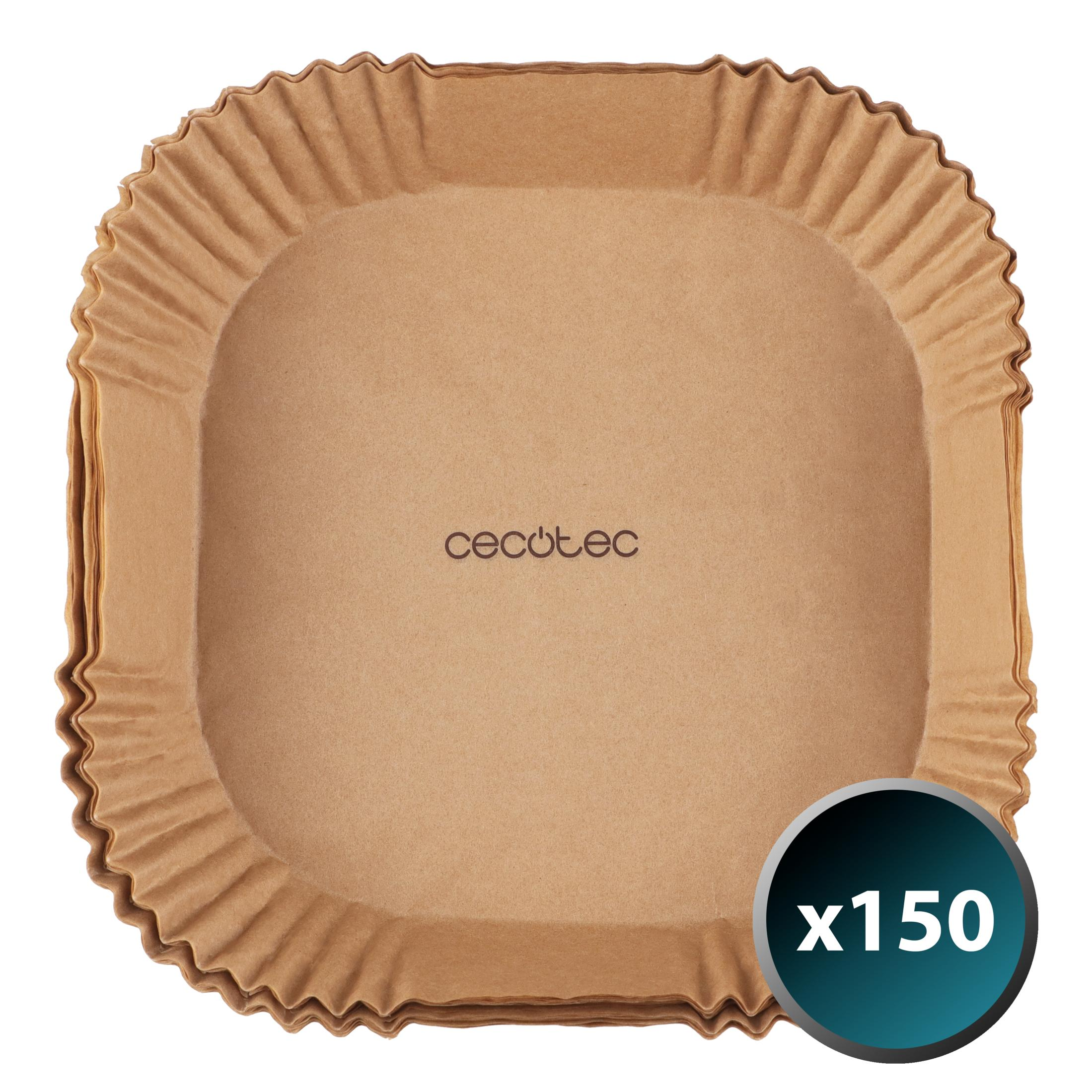 Pila de moldes de papel marrones acanalados con logo 'cecotec' y x150