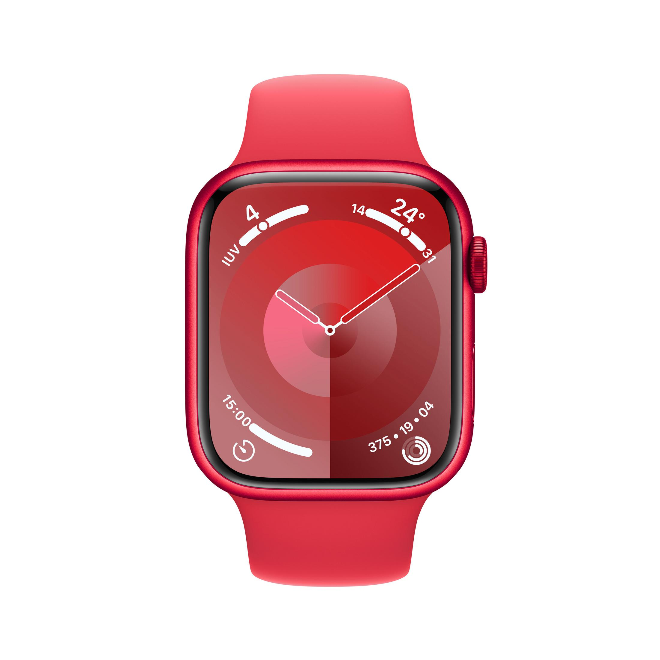 Un reloj inteligente rojo que muestra las 15:00 y 24 grados.