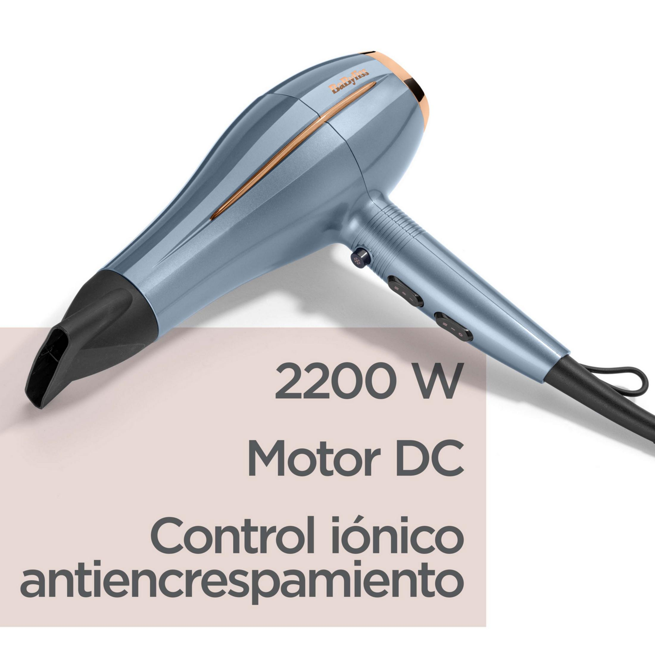 Un asciugacapelli blu con accenti color rame, 2200 W.