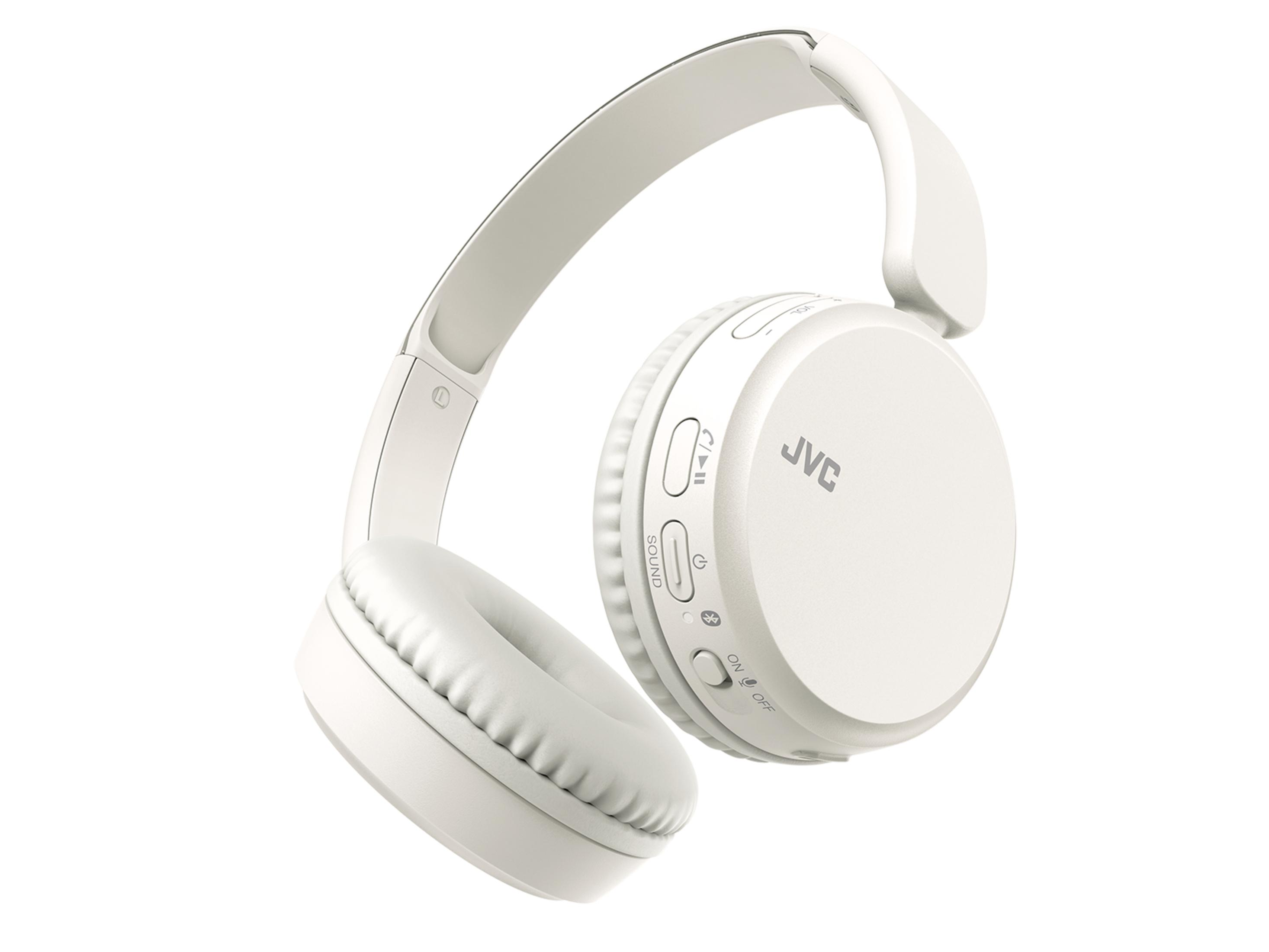 Cuffie JVC bianche con padiglioni imbottiti e pulsanti di controllo.