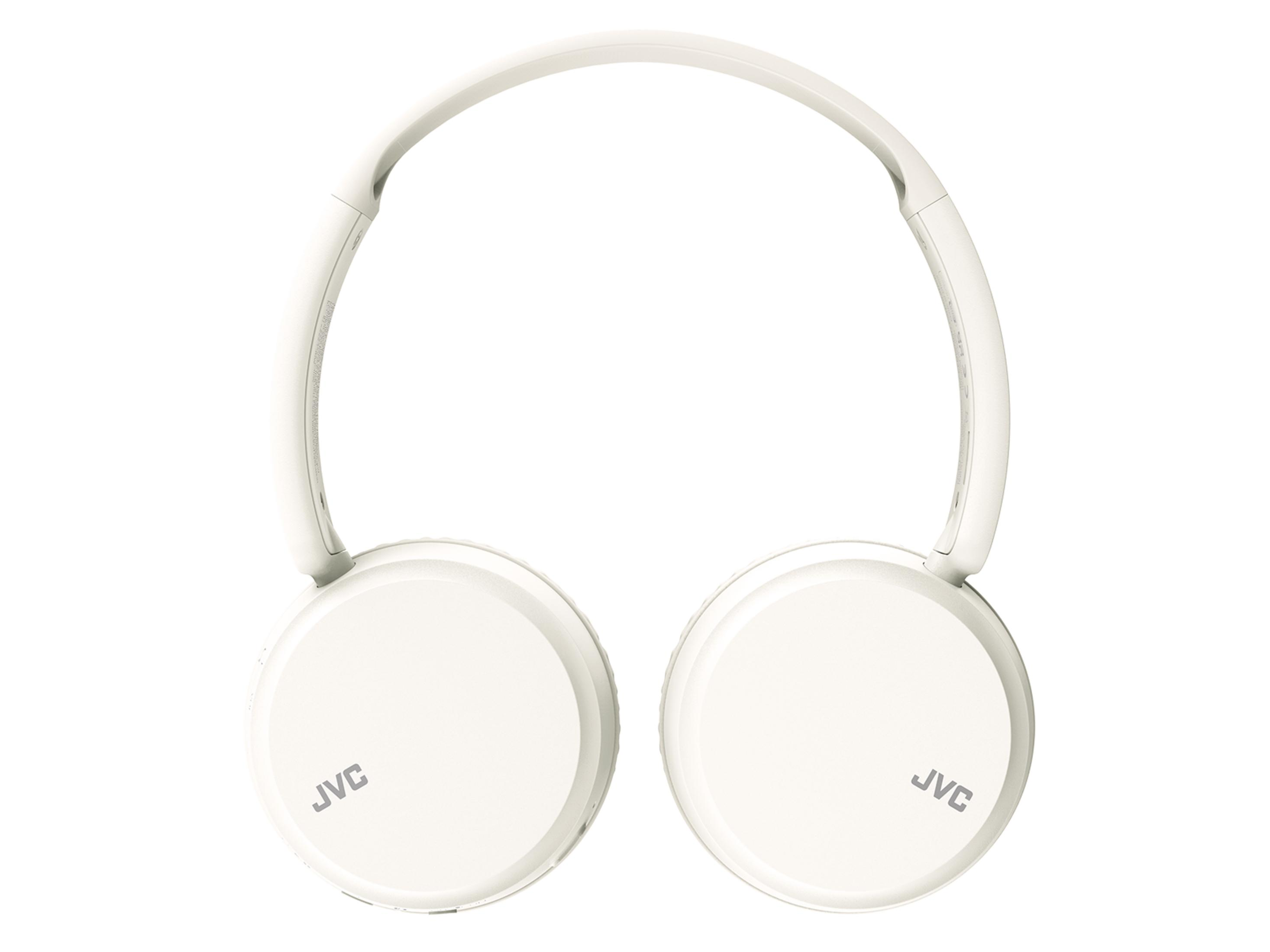 Cuffie JVC bianche con archetto e padiglioni auricolari rotondi.
