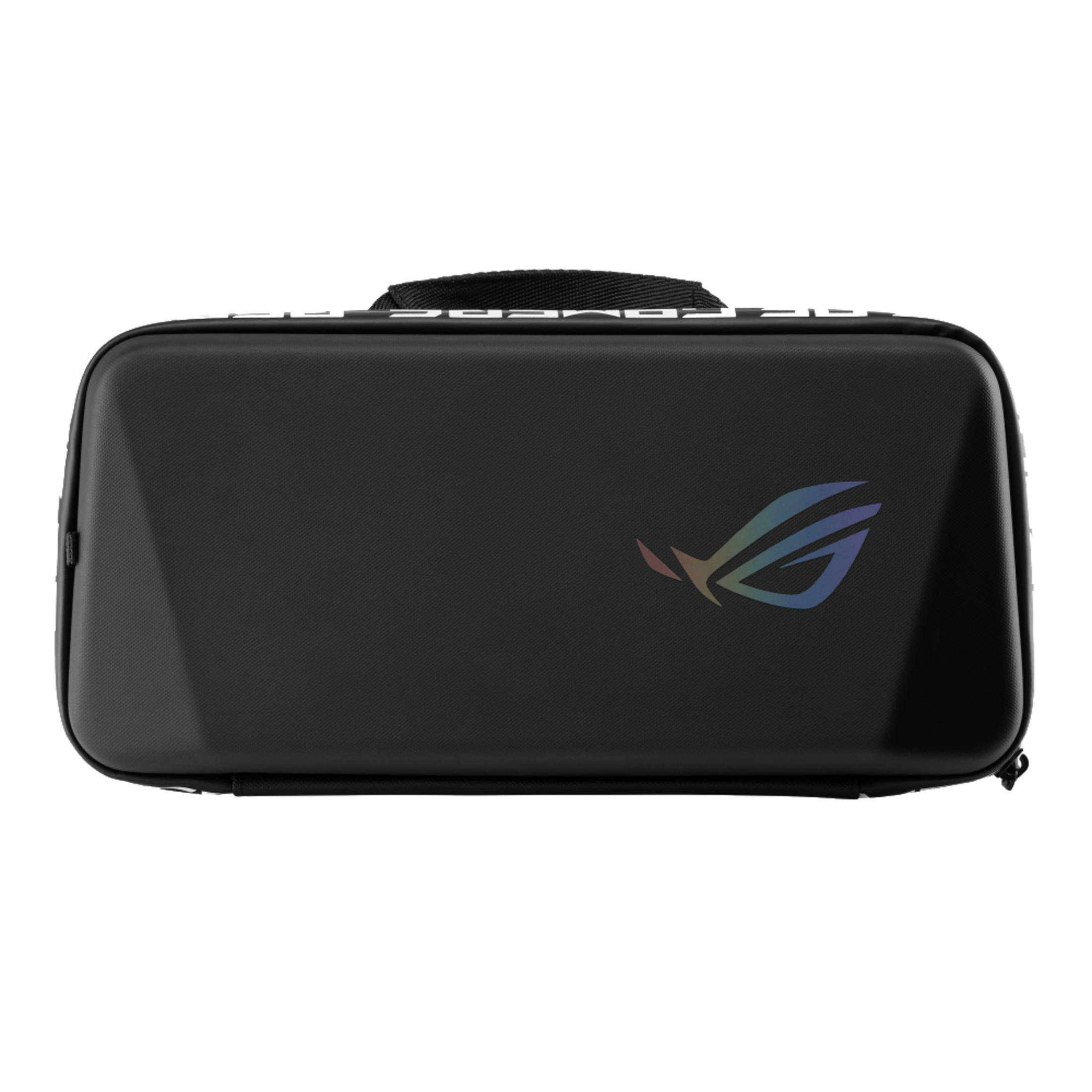 Funda de transporte negra con logo holográfico ROG y asa.