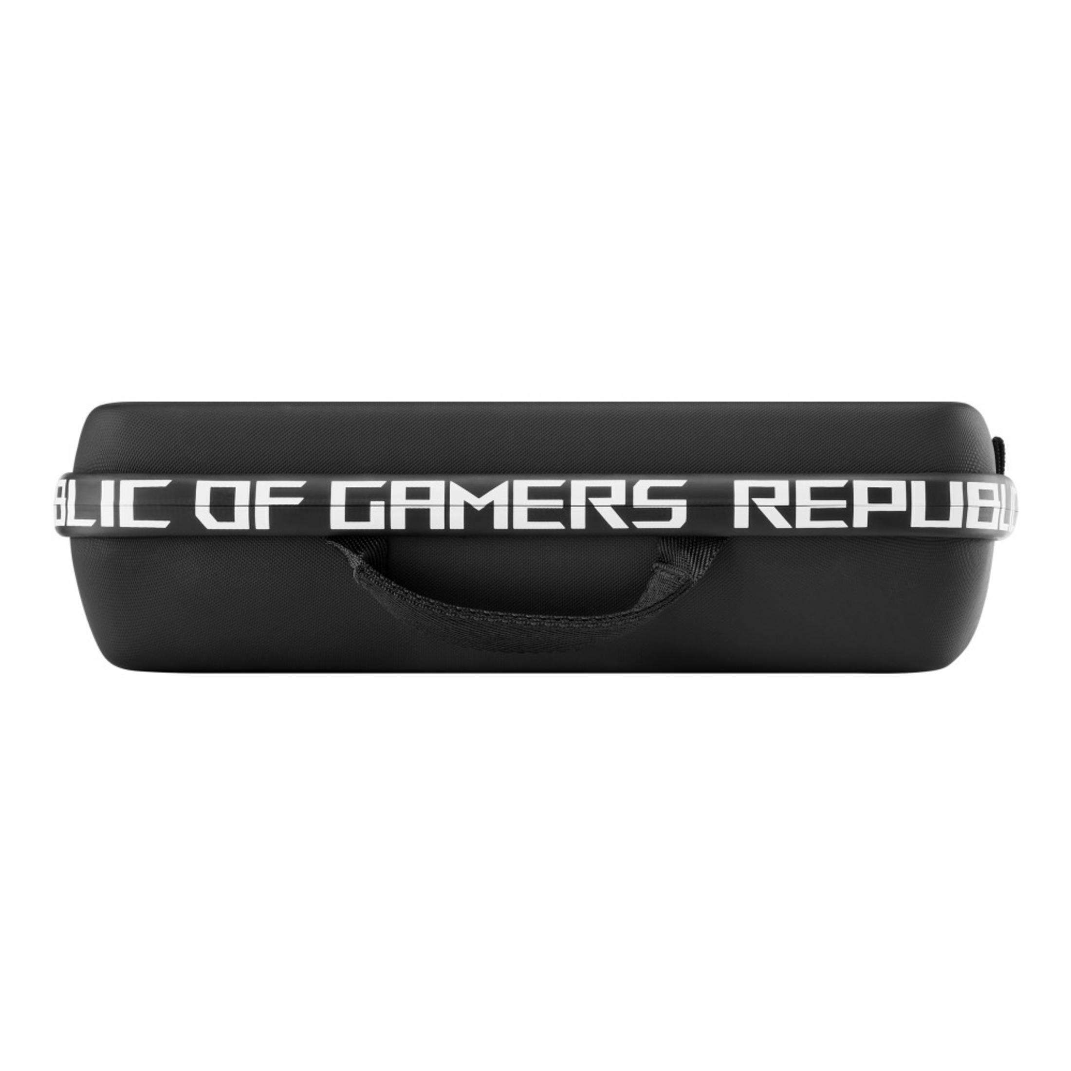 Funda negra con texto blanco 'REPUBLIC OF GAMERS' y asa.