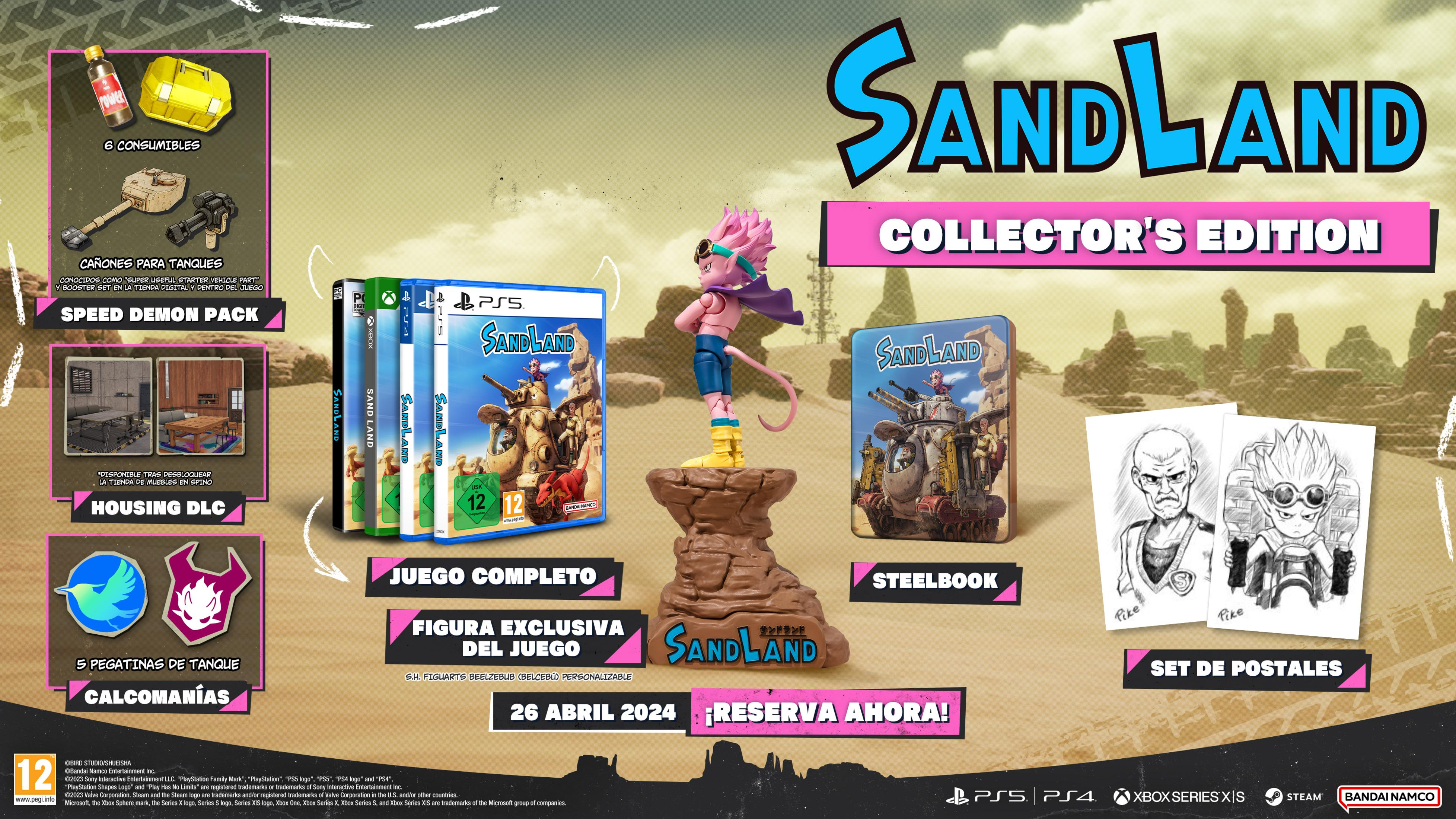 Edizione da Collezione di Sand Land con gioco, statuetta, steelbook e cartoline.