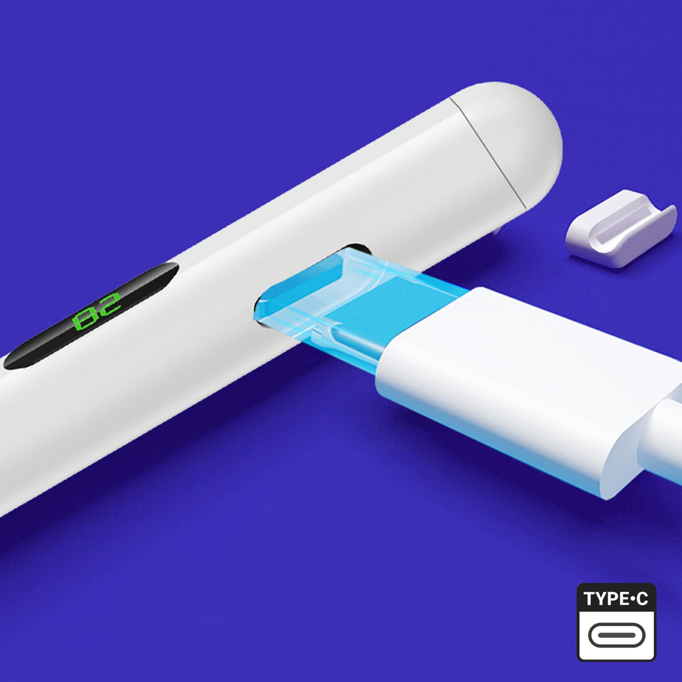 Ein weißer Stift mit einem blauen USB-C-Anschluss wird an ein Kabel angeschlossen.