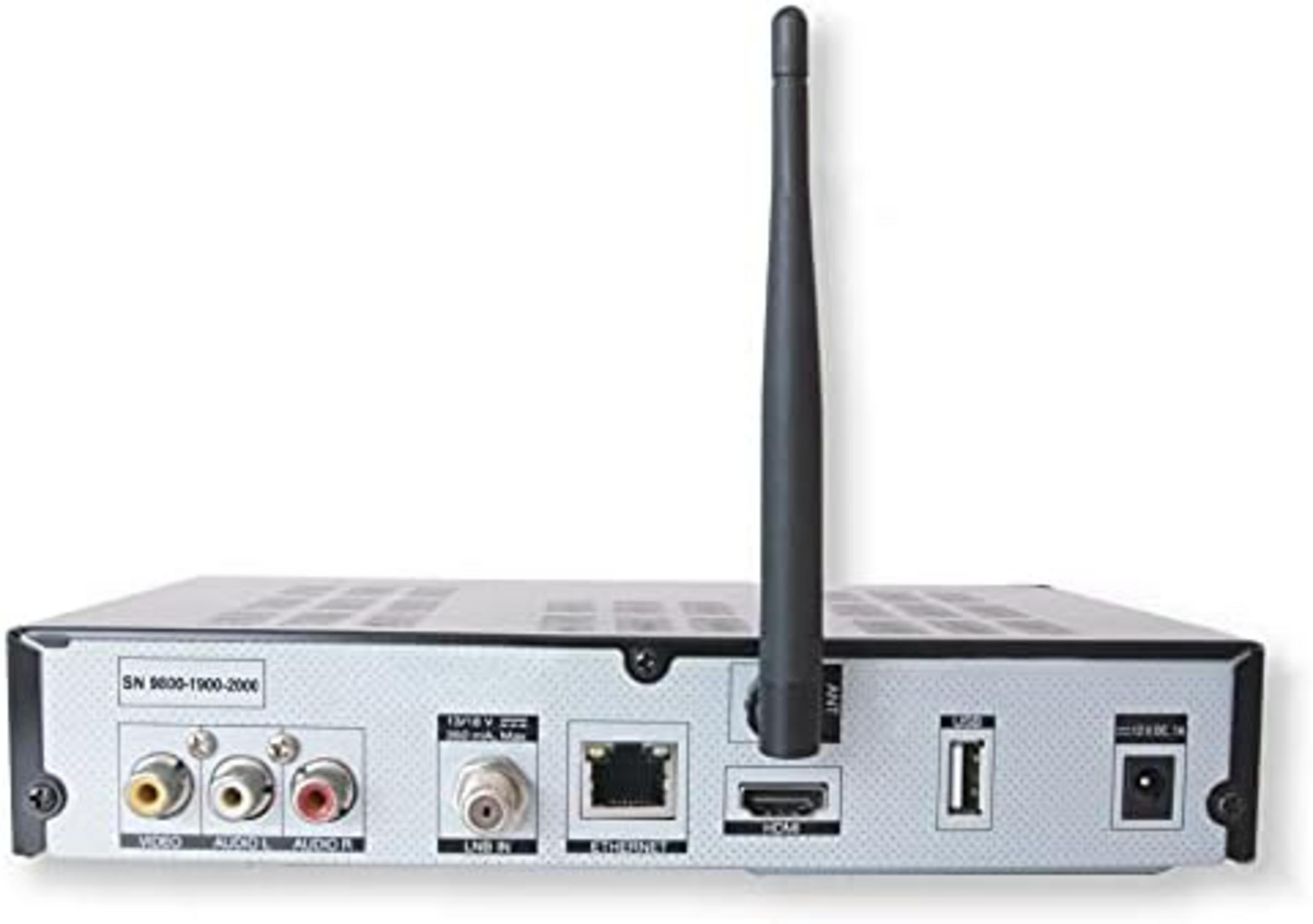 Parte trasera de receptor satélite: Video, Audio, LNB IN, Ethernet, HDMI, USB, Alimentación.