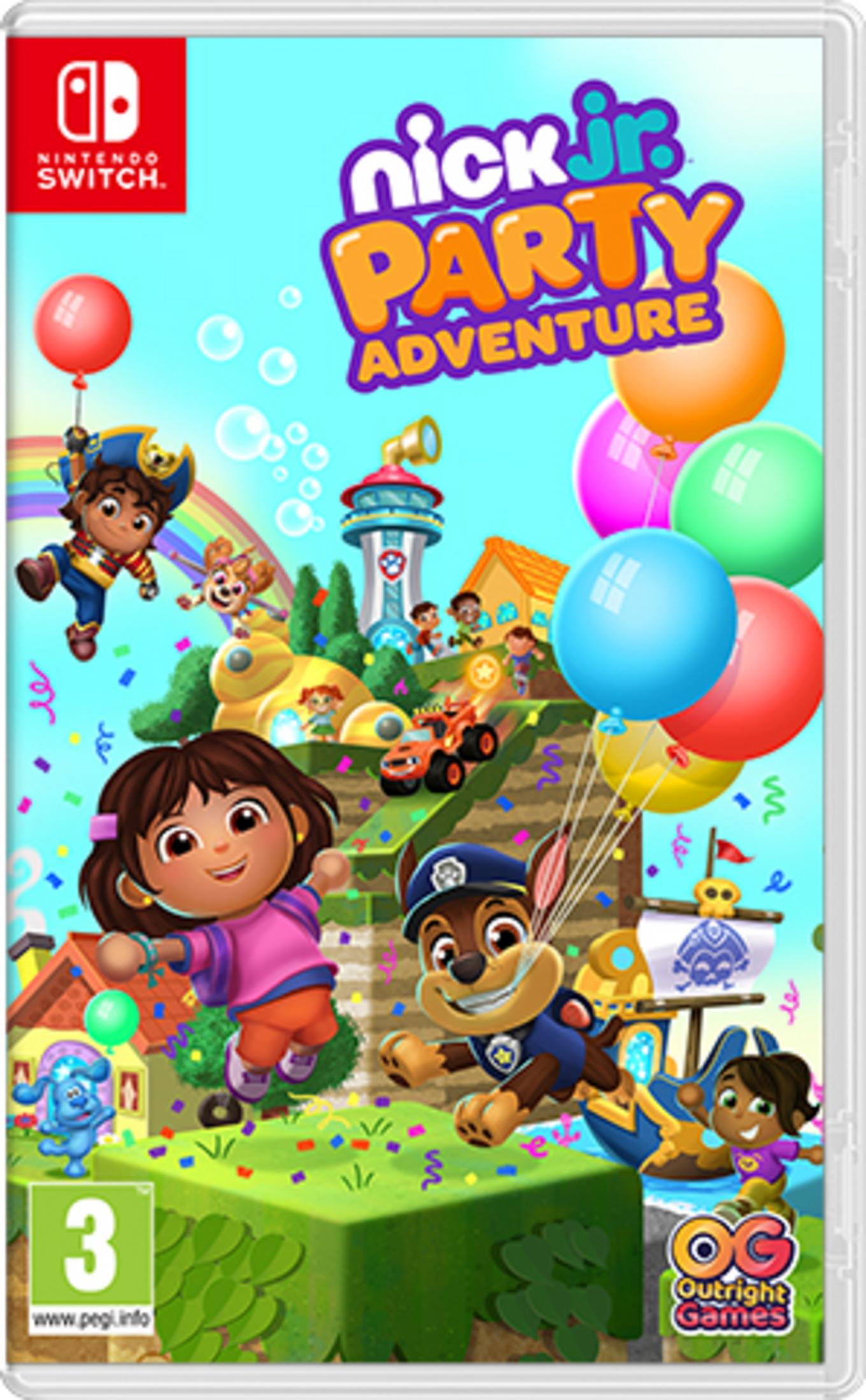 Portada del juego Nick Jr. Party Adventure con Dora, Chase y otros personajes.