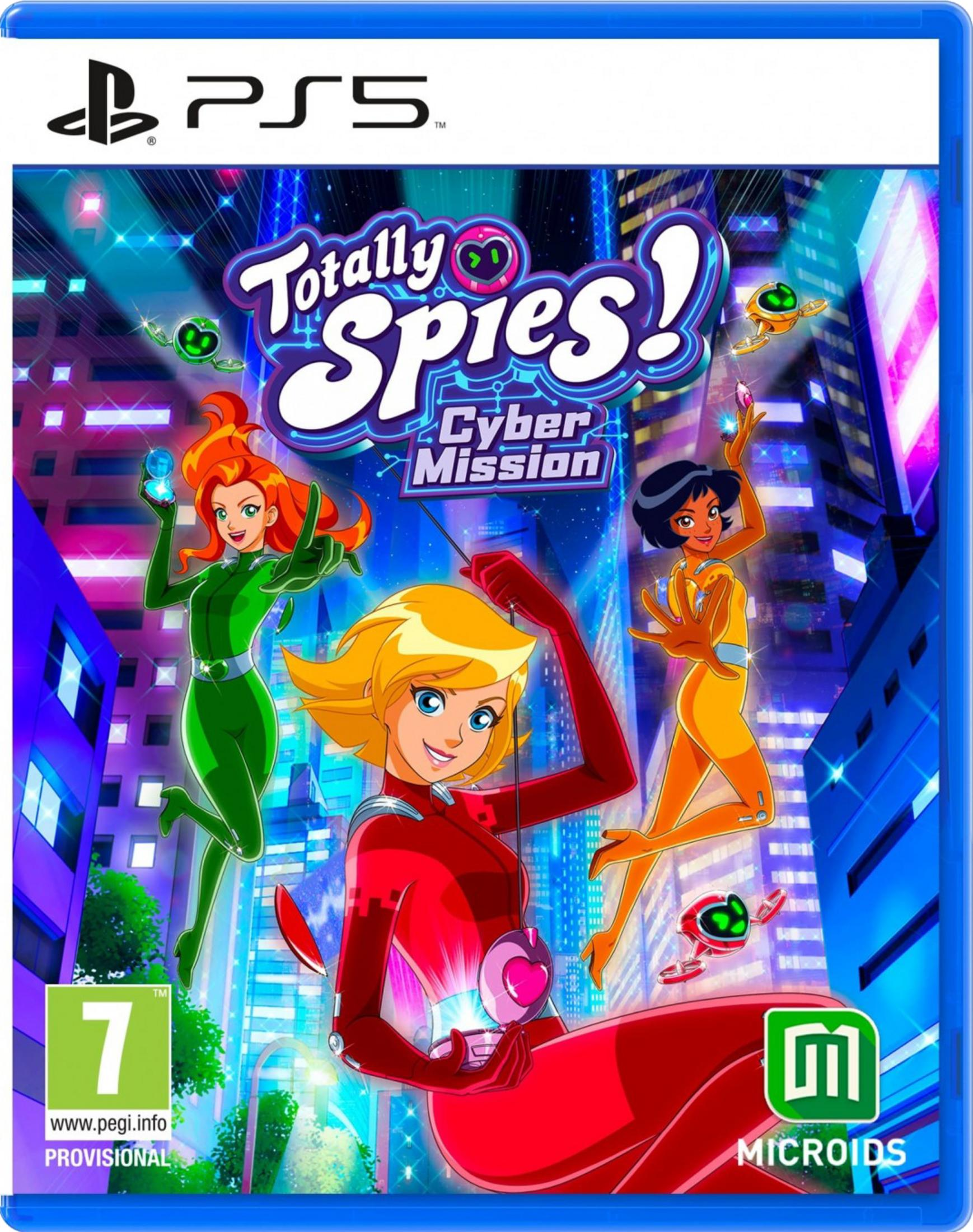Tre spie in tute colorate contro un paesaggio urbano notturno.