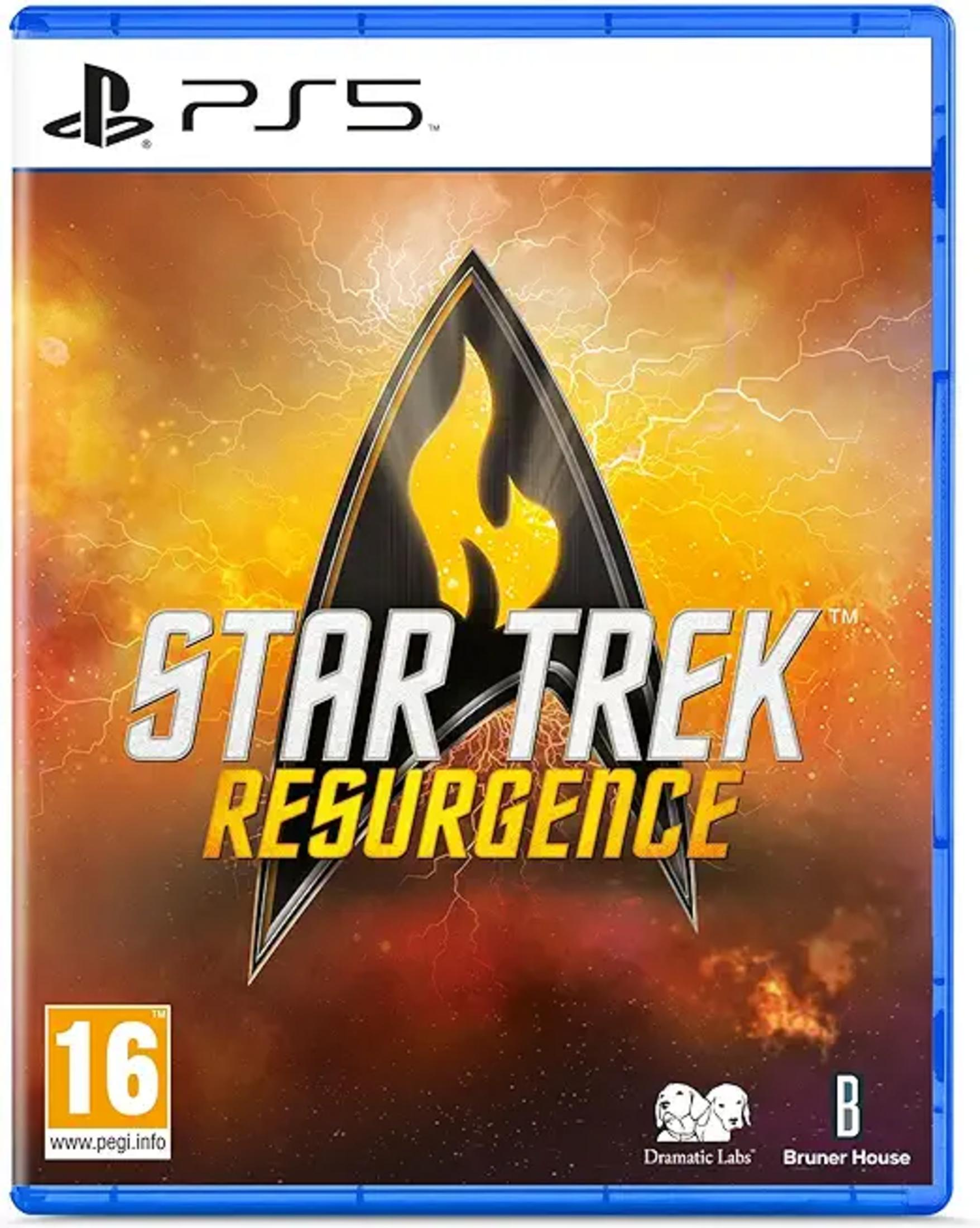 Copertina gioco PS5 "Star Trek: Resurgence" con stemma Starfleet e sfondo tempestoso.