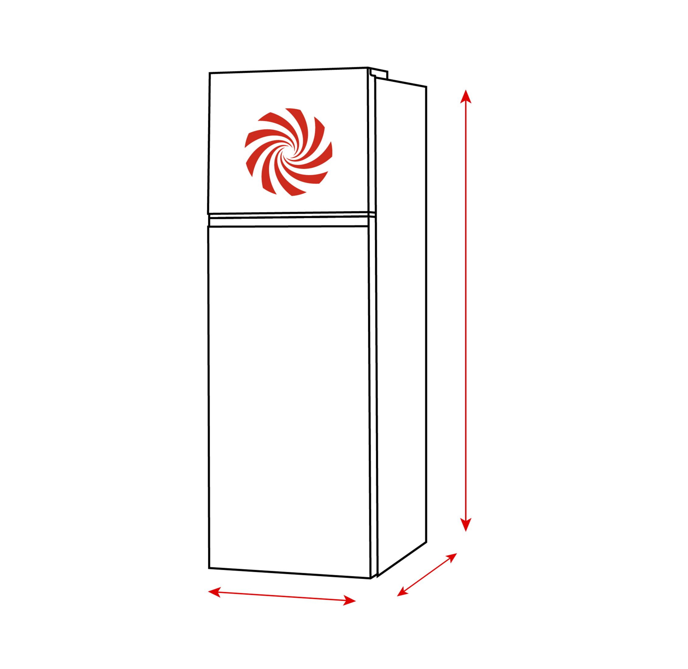 Un disegno schematico di un frigorifero con linee di misurazione rosse.