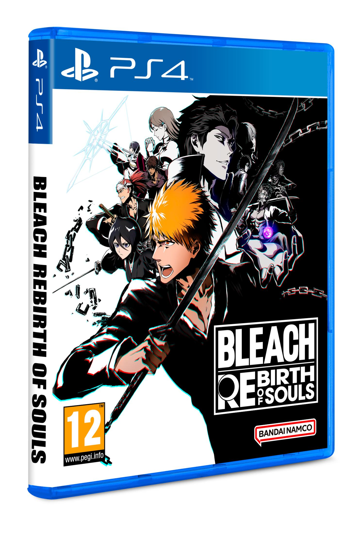 Portada de juego PS4: Personajes de anime con espadas, logo "Bleach Rebirth of Souls".