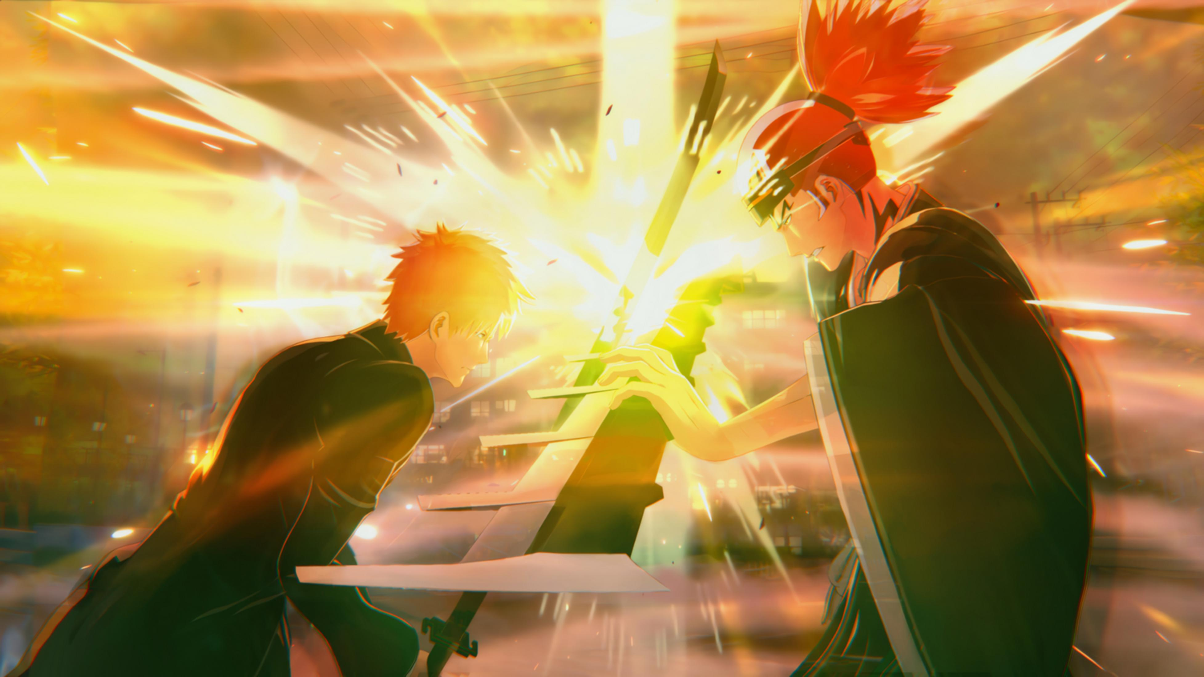 Dos personajes de anime con espadas chocando con luz brillante.