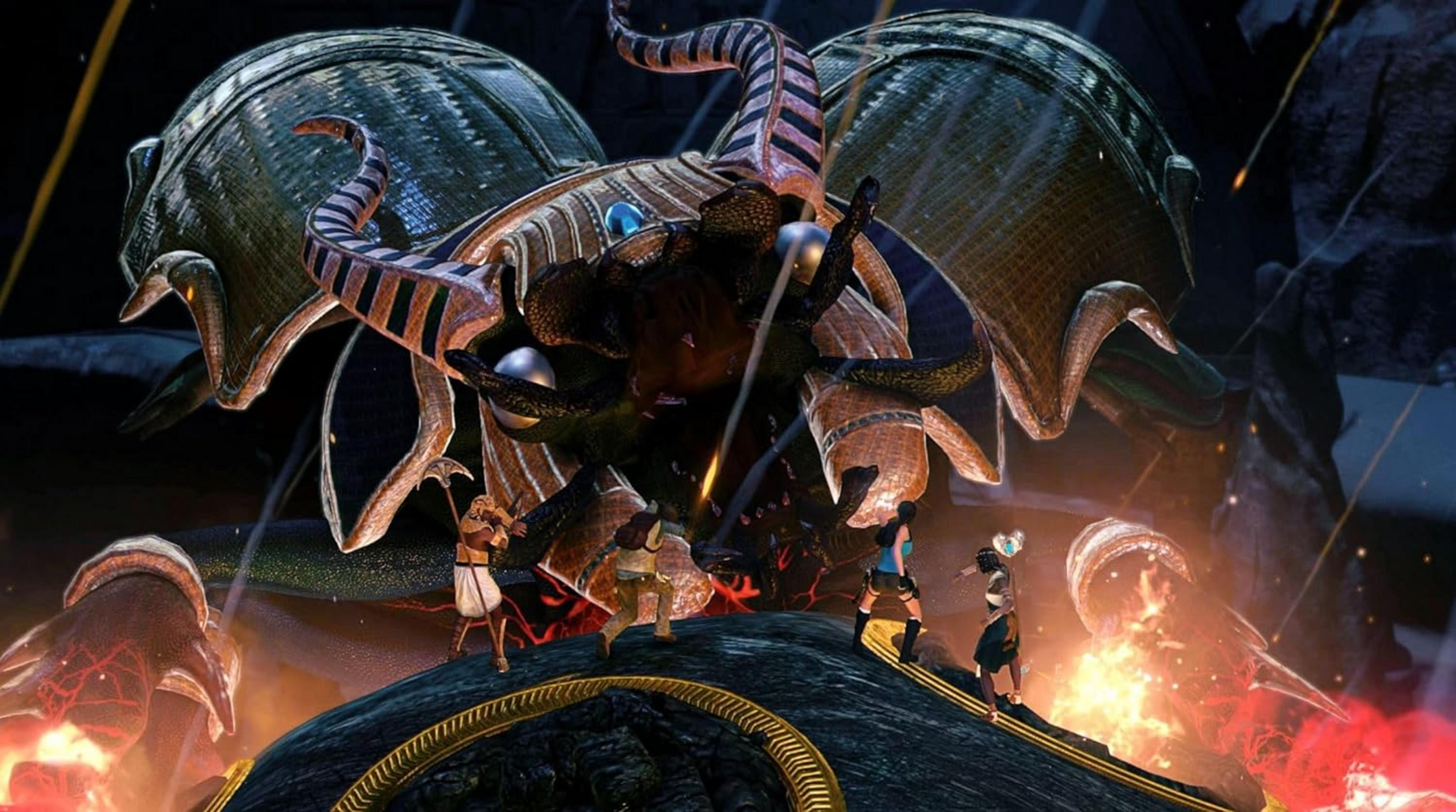 Quattro figure si ergono davanti a una creatura meccanica gigante con occhi blu e tentacoli.