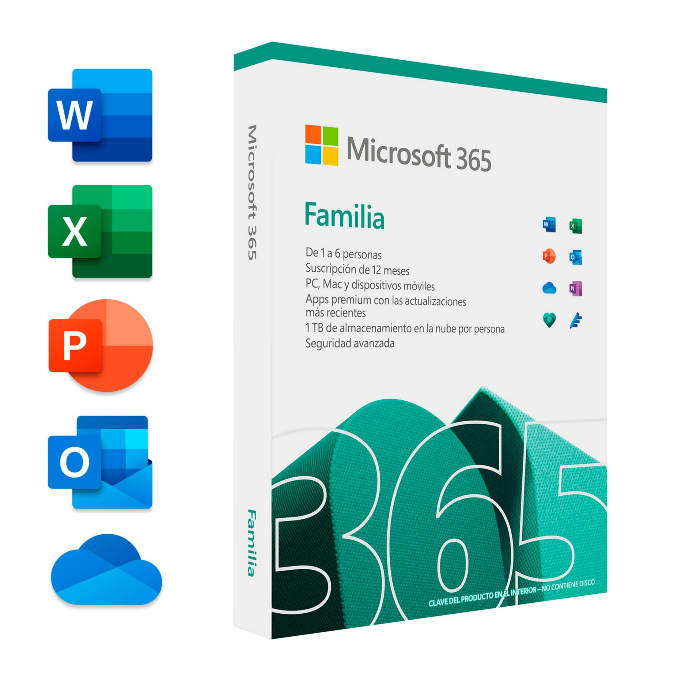 Confezione Microsoft 365 Familia con icone di app come Word, Excel e Outlook.