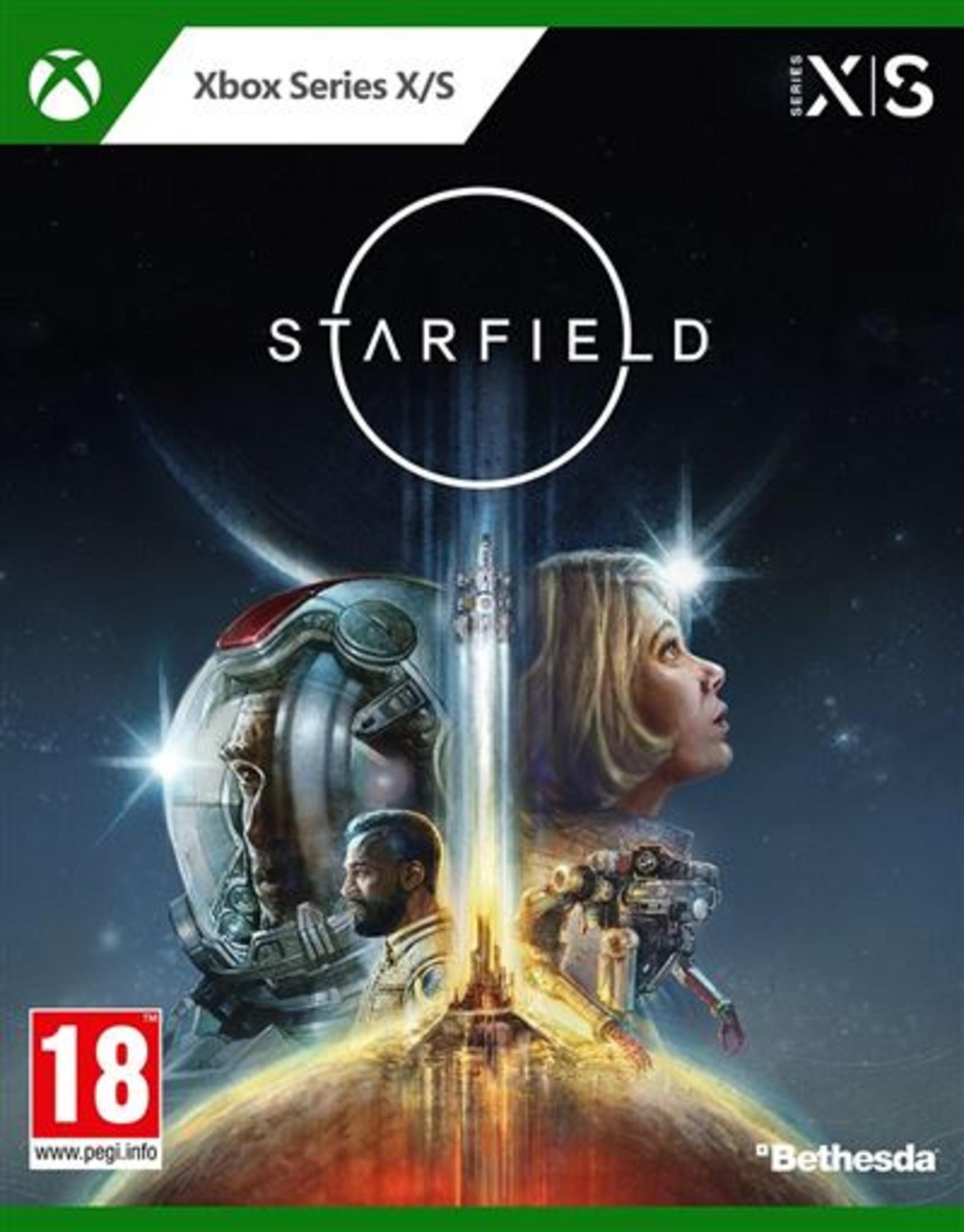 Copertina Xbox Starfield: Astronauta, donna, robot, astronave nel cielo stellato.