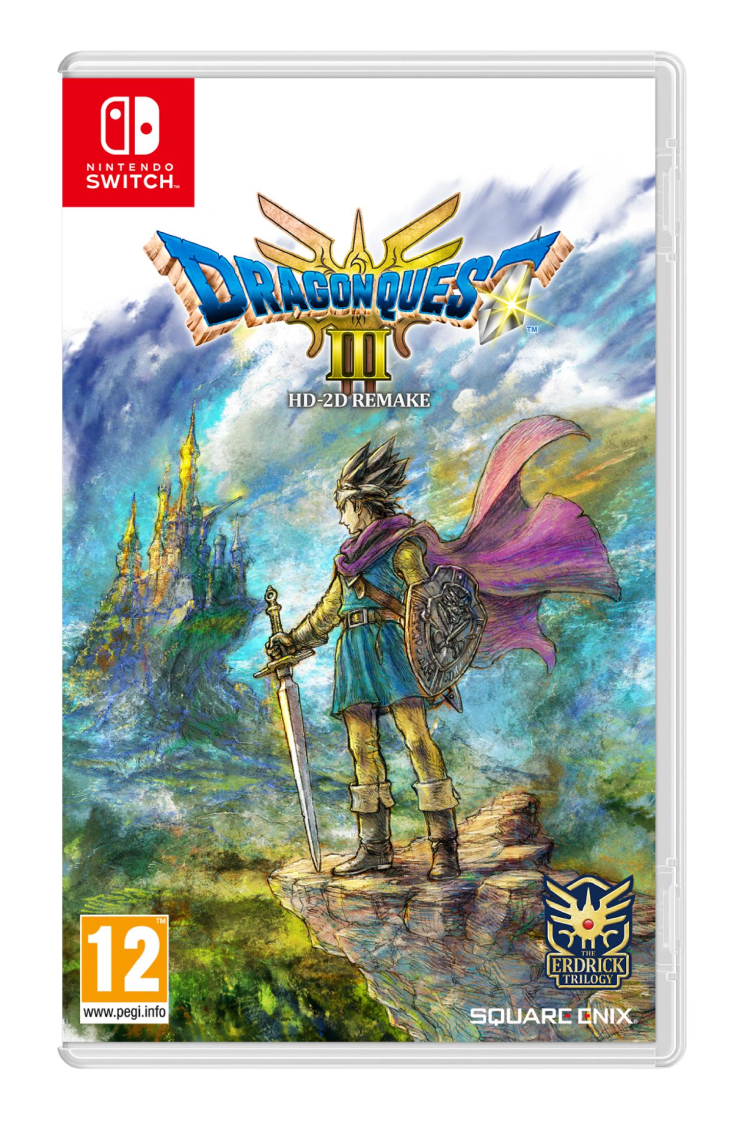 Portada Dragon Quest III HD-2D Remake: Hombre con espada y escudo, castillo al fondo.