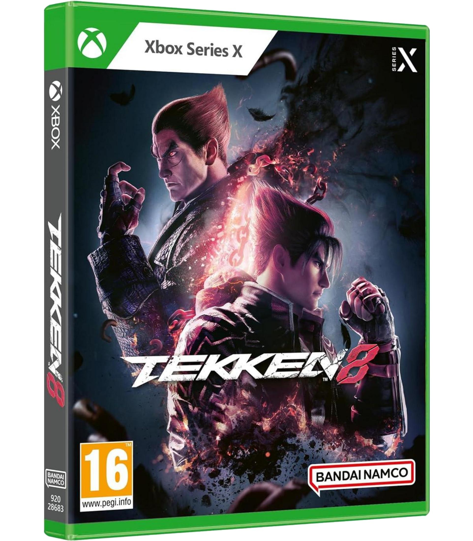 Caja de Xbox Series X con arte de Tekken 8. Dos luchadores, parcialmente explotando.