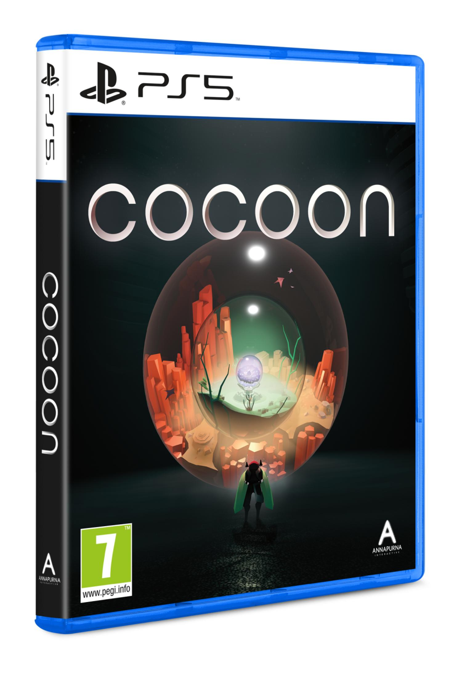 Custodia gioco PS5: Cocoon. Personaggio davanti a sfera di vetro con mondo alieno.