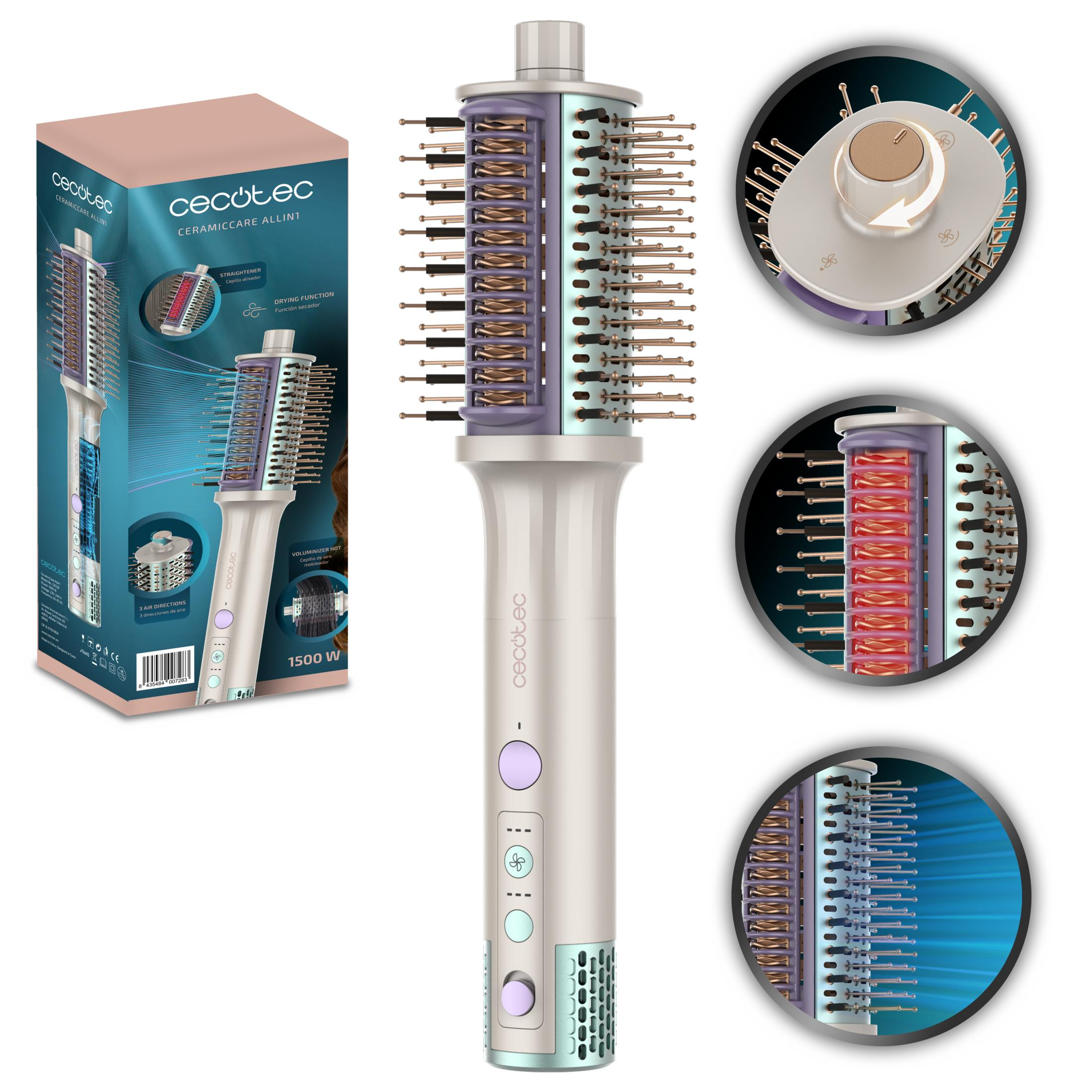 Un styler per capelli elettrico con spazzola rotante e viste.