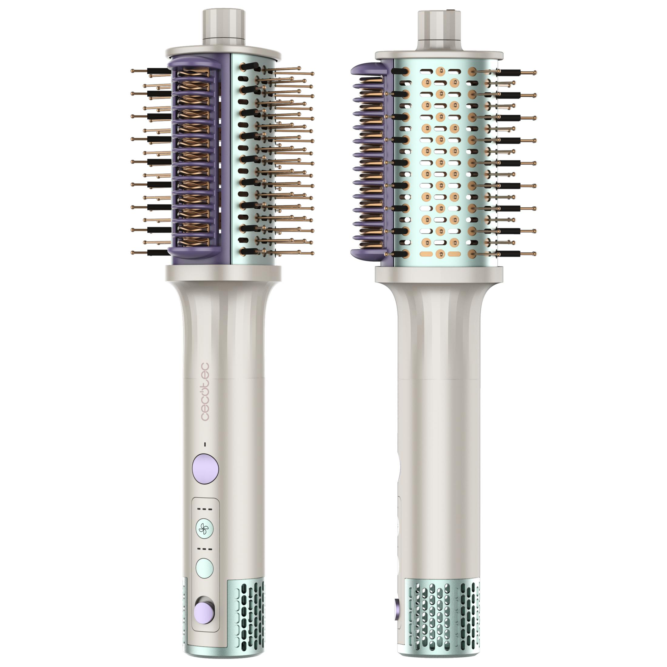 Due viste di un styler per capelli rotante beige chiaro con accenti viola e verde menta.