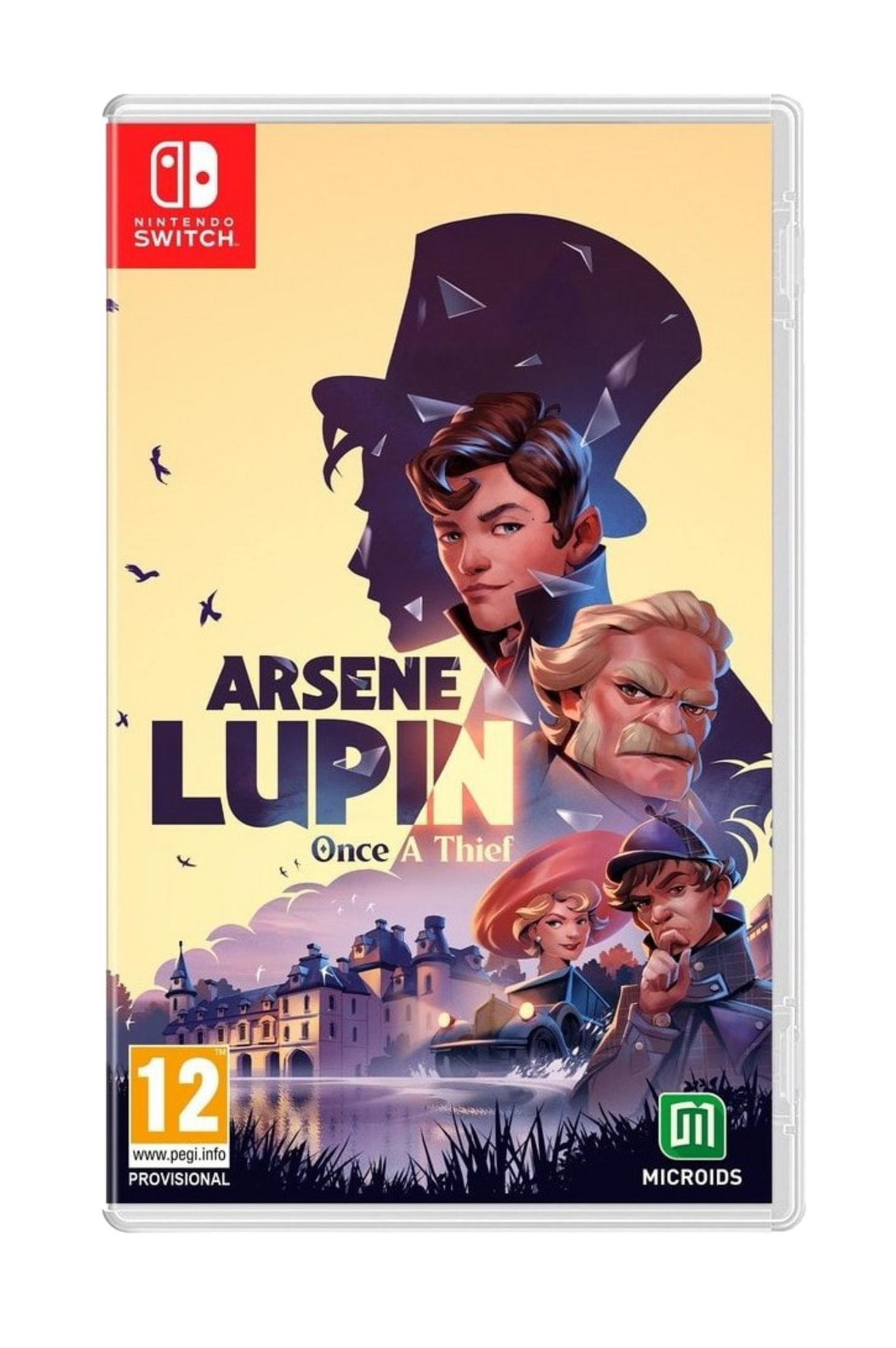 Copertina del gioco Nintendo Switch con Arsene Lupin, un'antica villa e un'auto.