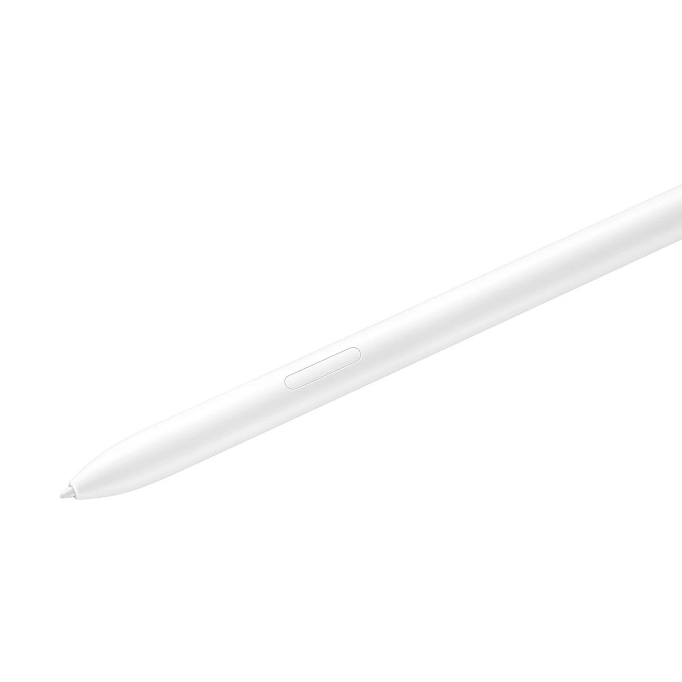A sleek, white stylus with one button, on a white background.