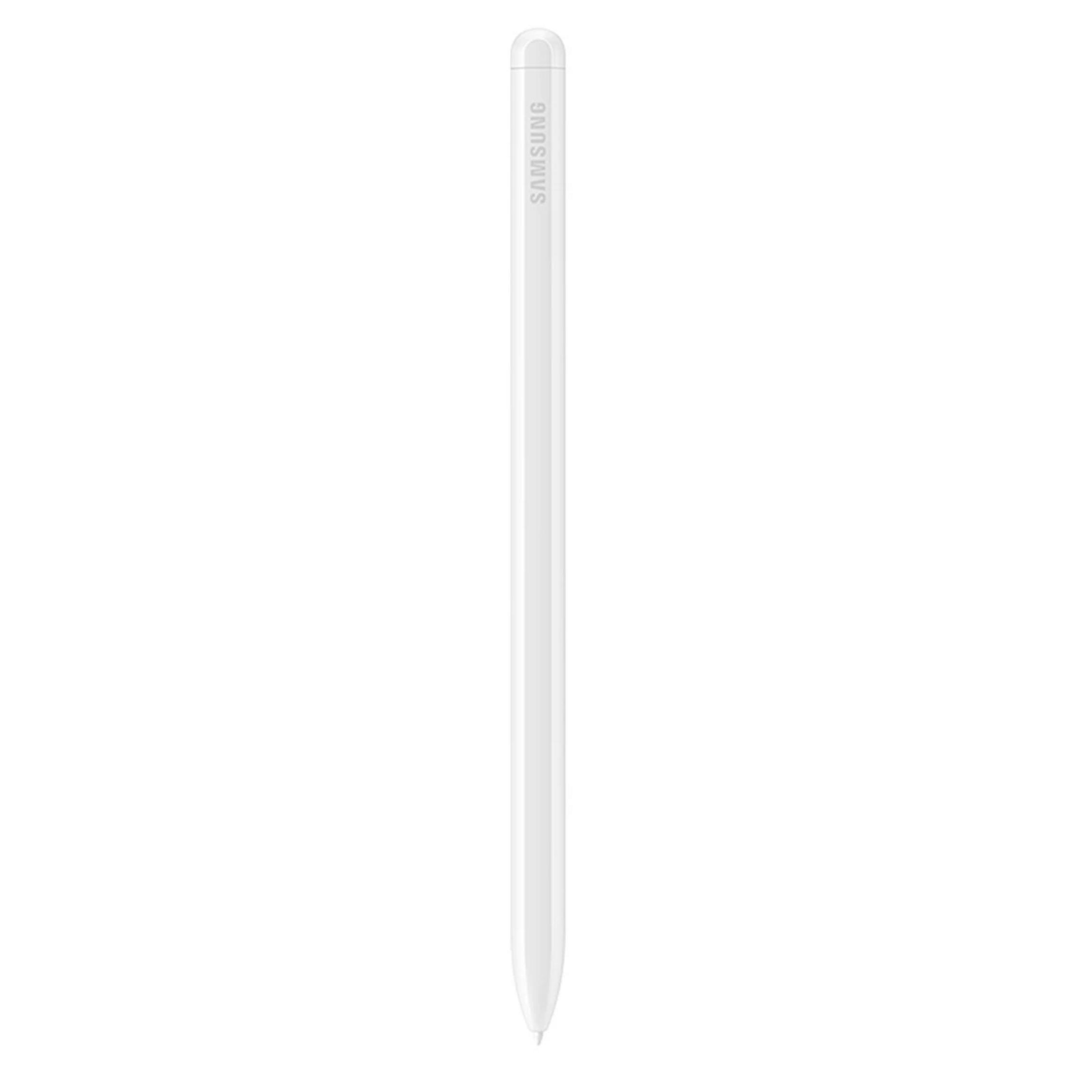 A white Samsung stylus pen on a white background.