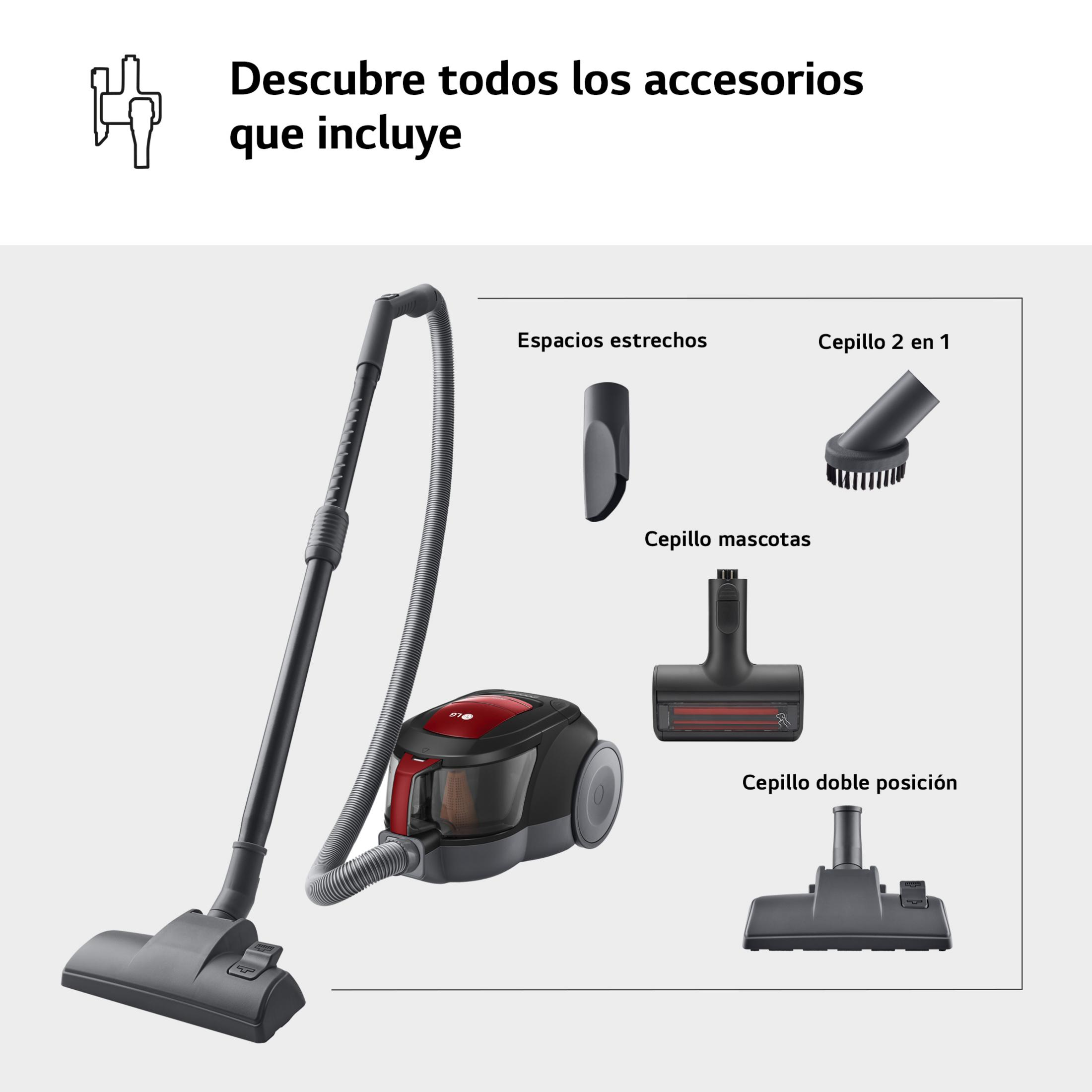 Un aspirador con accesorios: boquilla estrecha, cepillo 2 en 1, cepillo mascotas, cepillo doble.