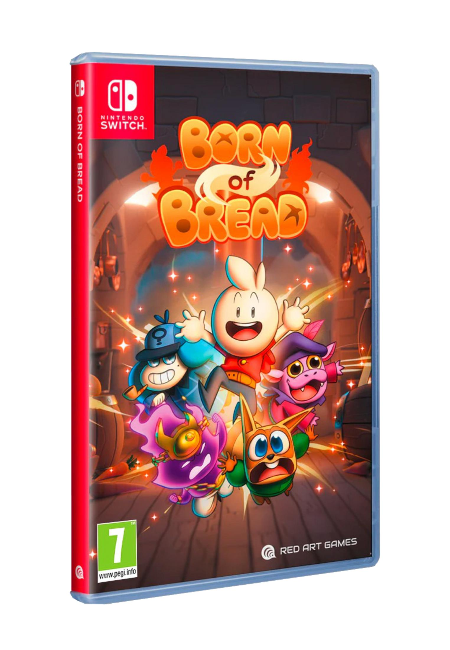 Copertina del videogioco Born of Bread con personaggi dei cartoni animati e logo Nintendo Switch.